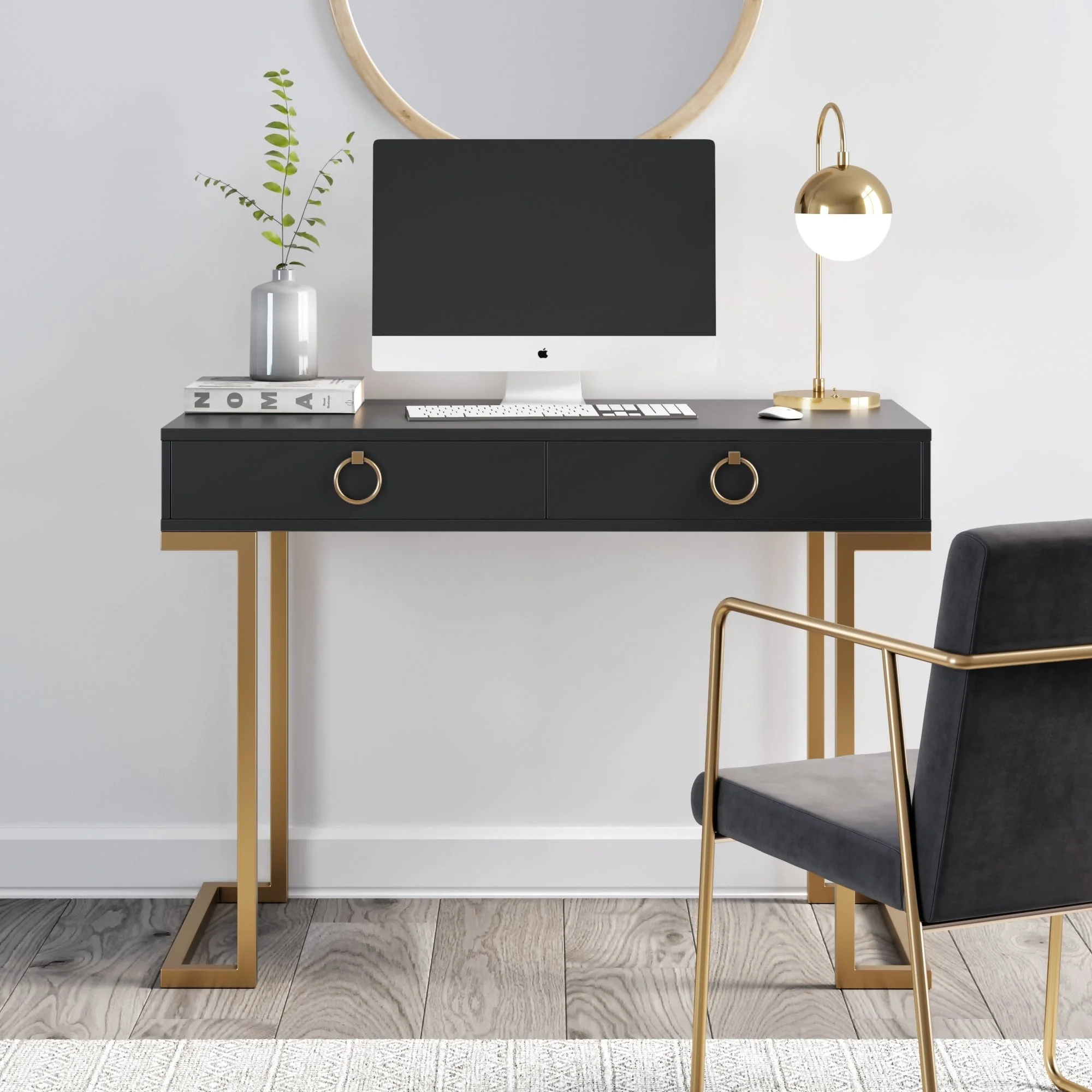 Nathan James Leighton Two-Drawer Modern Desk, Gold Finish