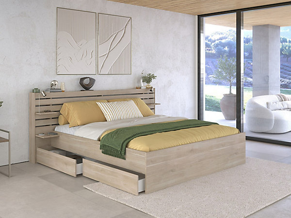 Lit 180 x 200 cm avec rangements - Coloris : Naturel   Sommier - TENALIA