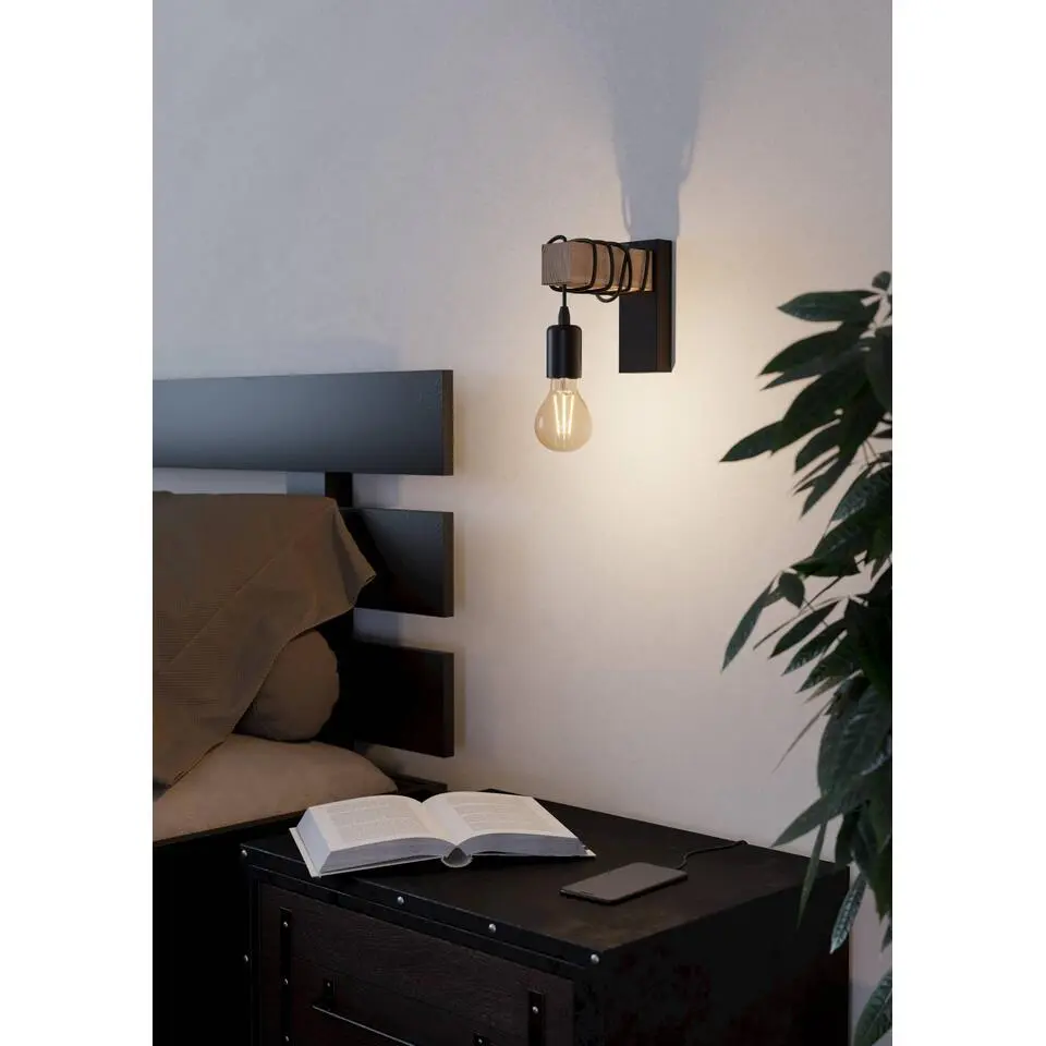 EGLO Townshend Wandlamp - E27 - 21,5 cm - Zwart/Bruin