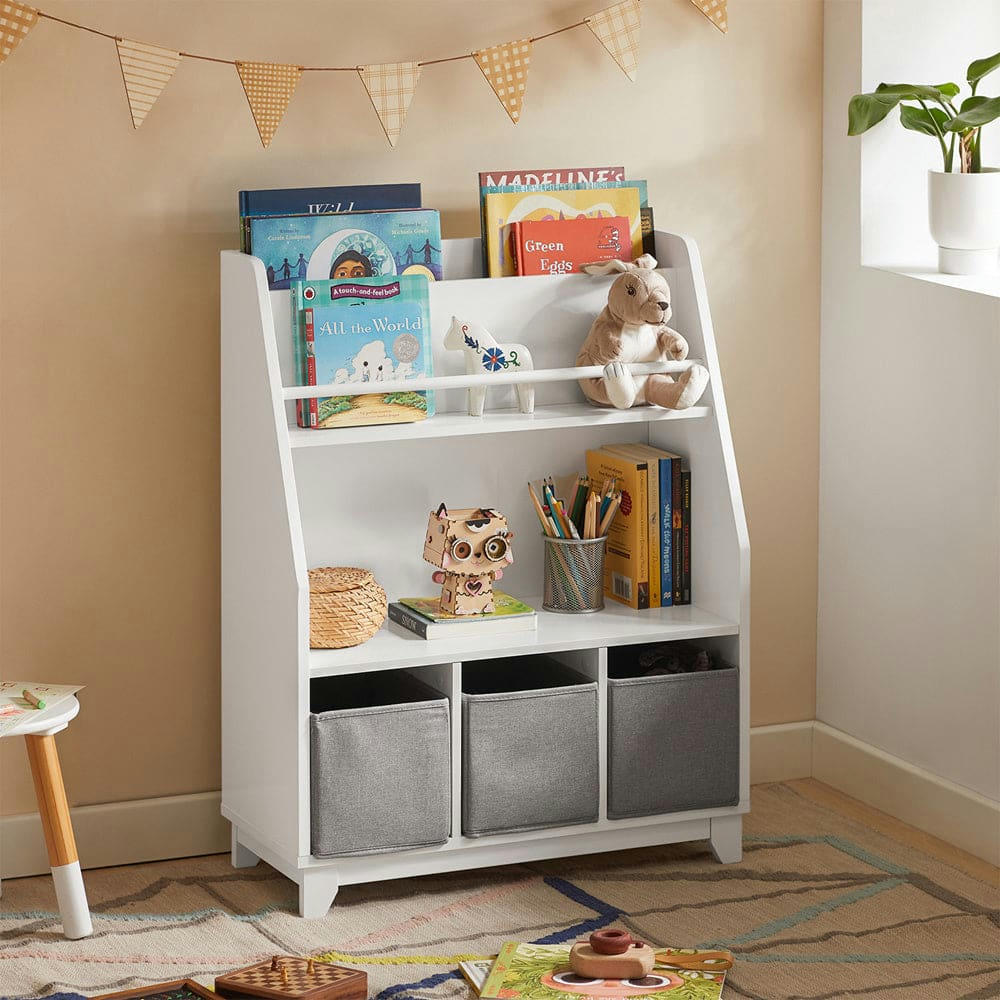 - Étagère de rangement à livres et jouets enfants effet bois blanc