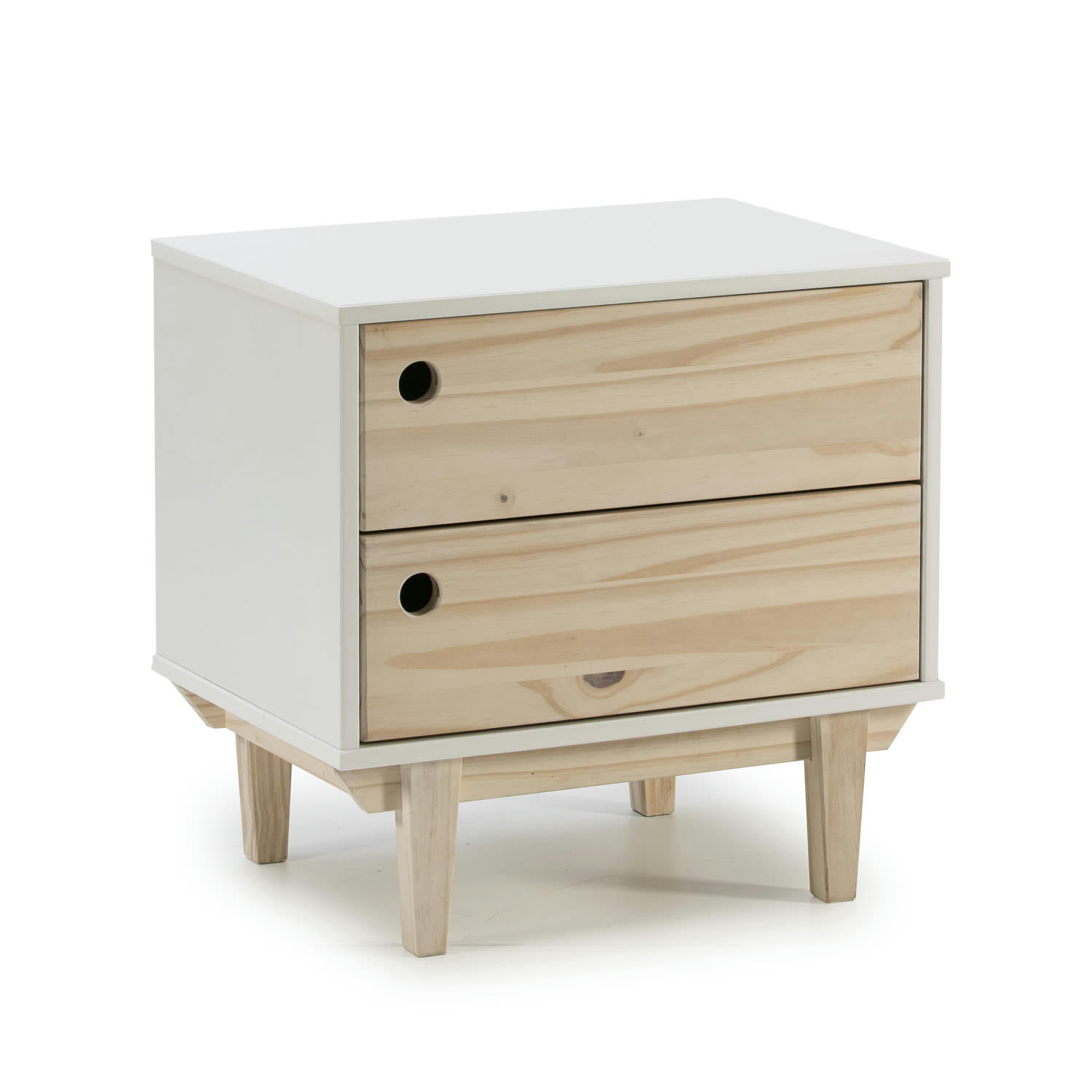 ROMA - Table de chevet avec 2 tiroirs en couleur blanc, pieds bois naturel