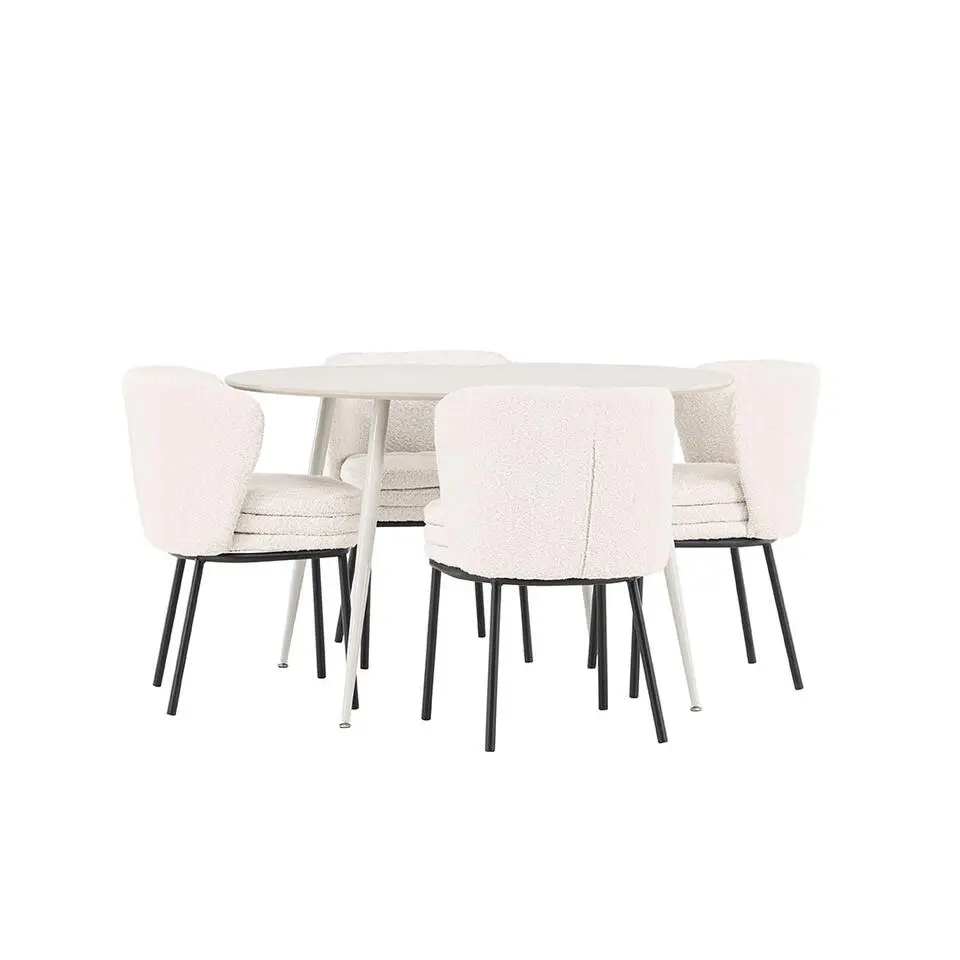 Hioshop Plaza eethoek tafel &Oslash;120cm en 4 boucl&eacute; stoelen beige