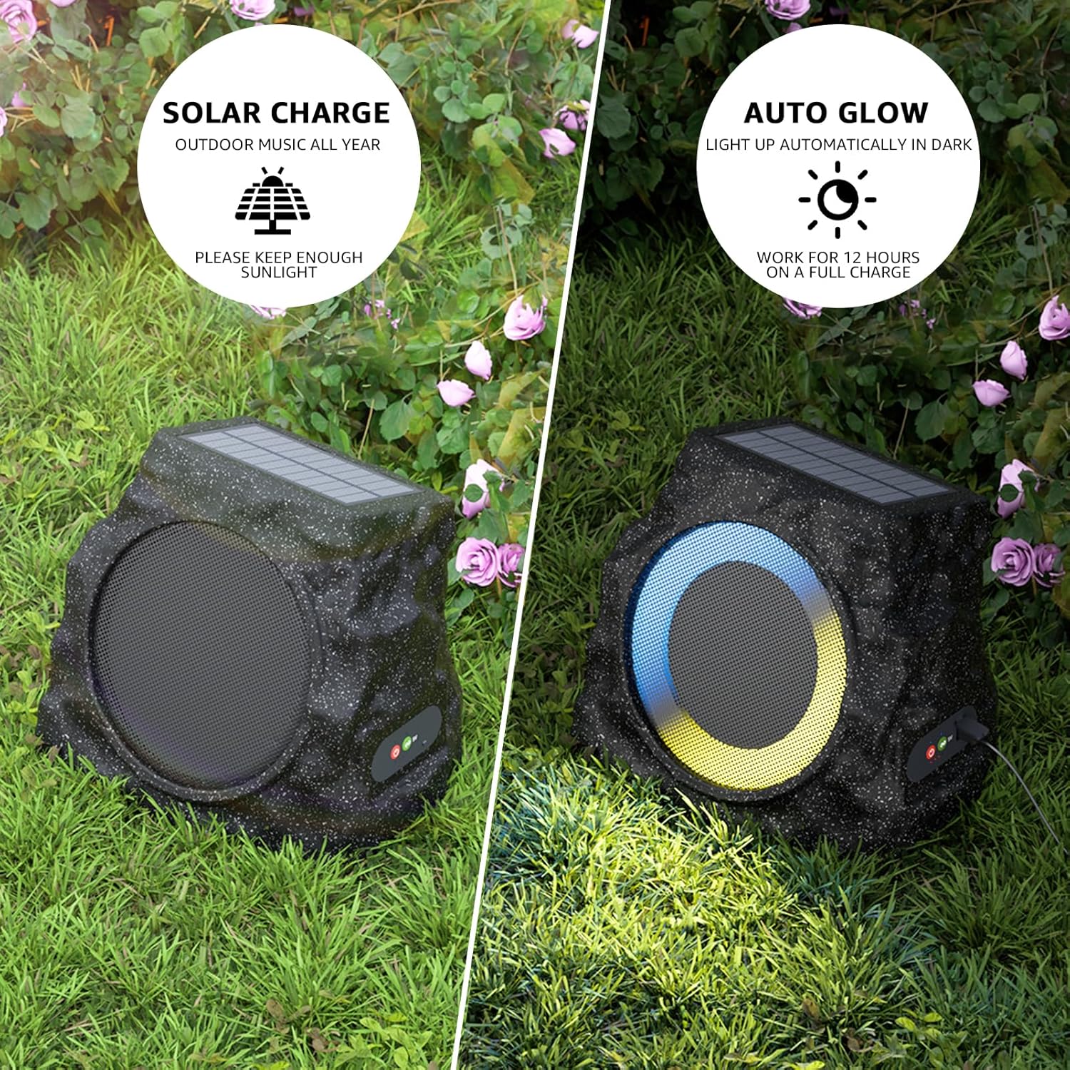 2-Pack Solar Powered Rock Speakers Outdoor Water-Resistant with 3 Mode Lights and Pair Function USB Rechargeable for Patio Garden Party Pool Outside(Black)
