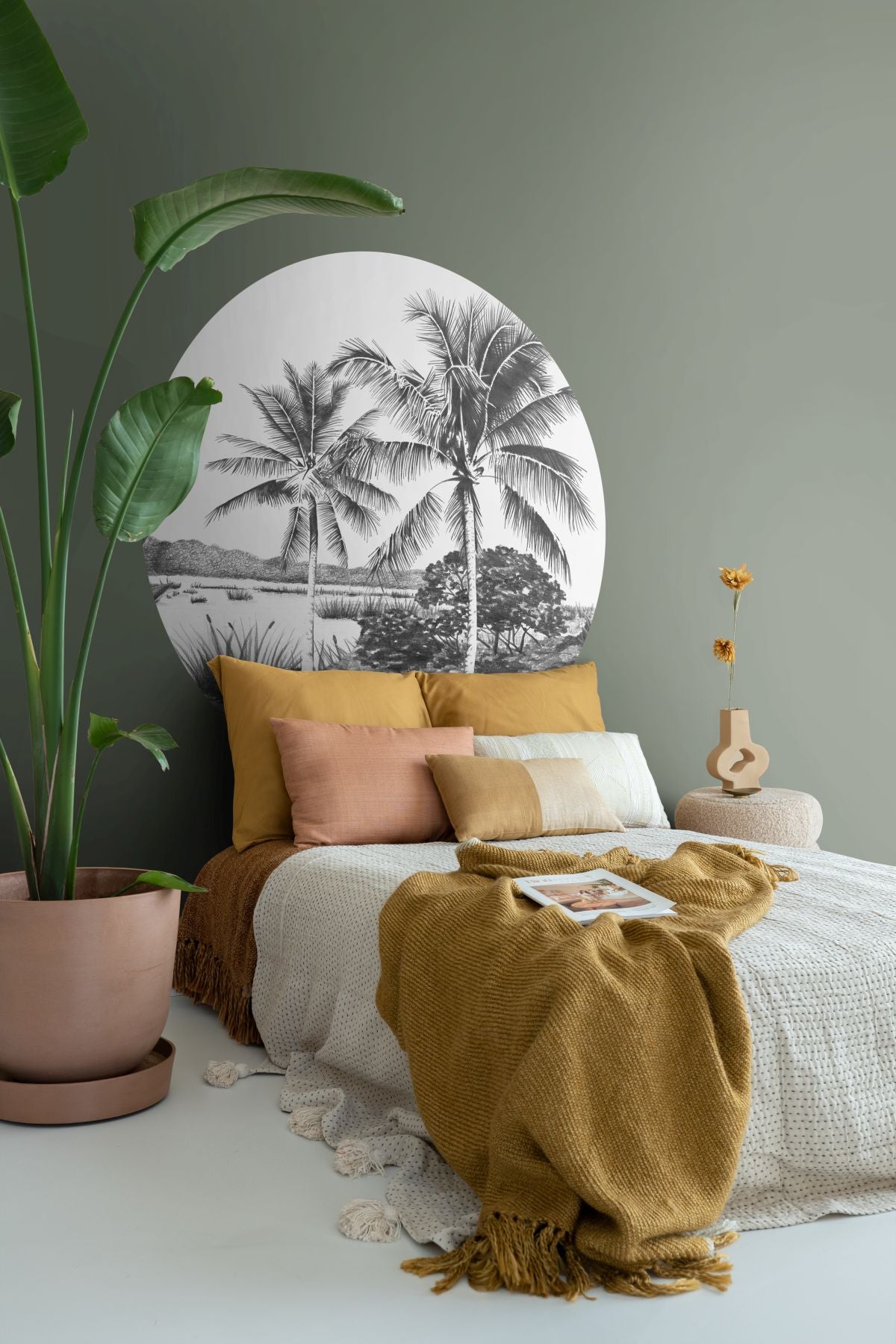 ESTAhome zelfklevende behangcirkel tropisch landschap met palmbomen zwart wit - Ø 140 cm - 159005