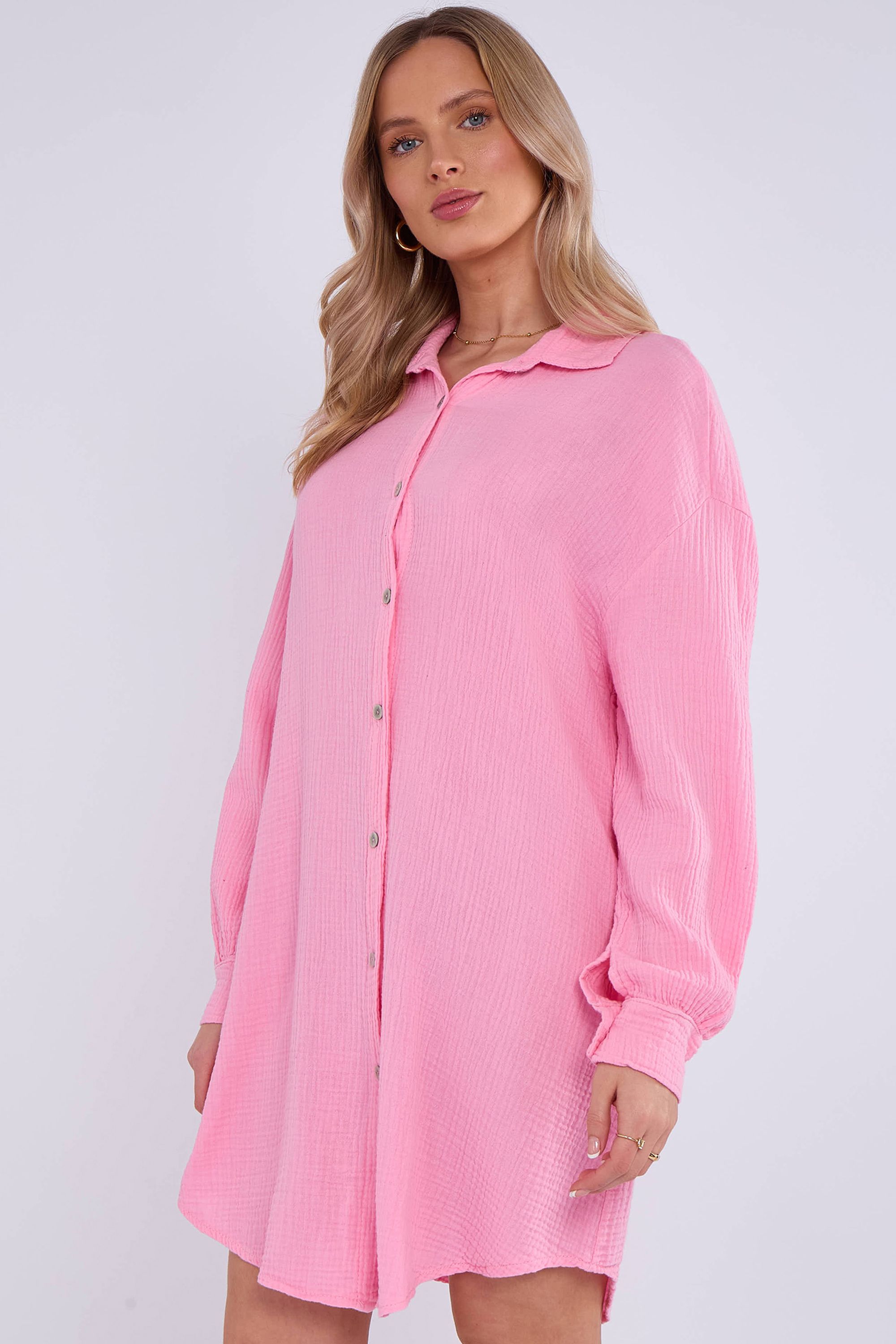 Gini London Pink Cotton Textured Oversized Long Shirt