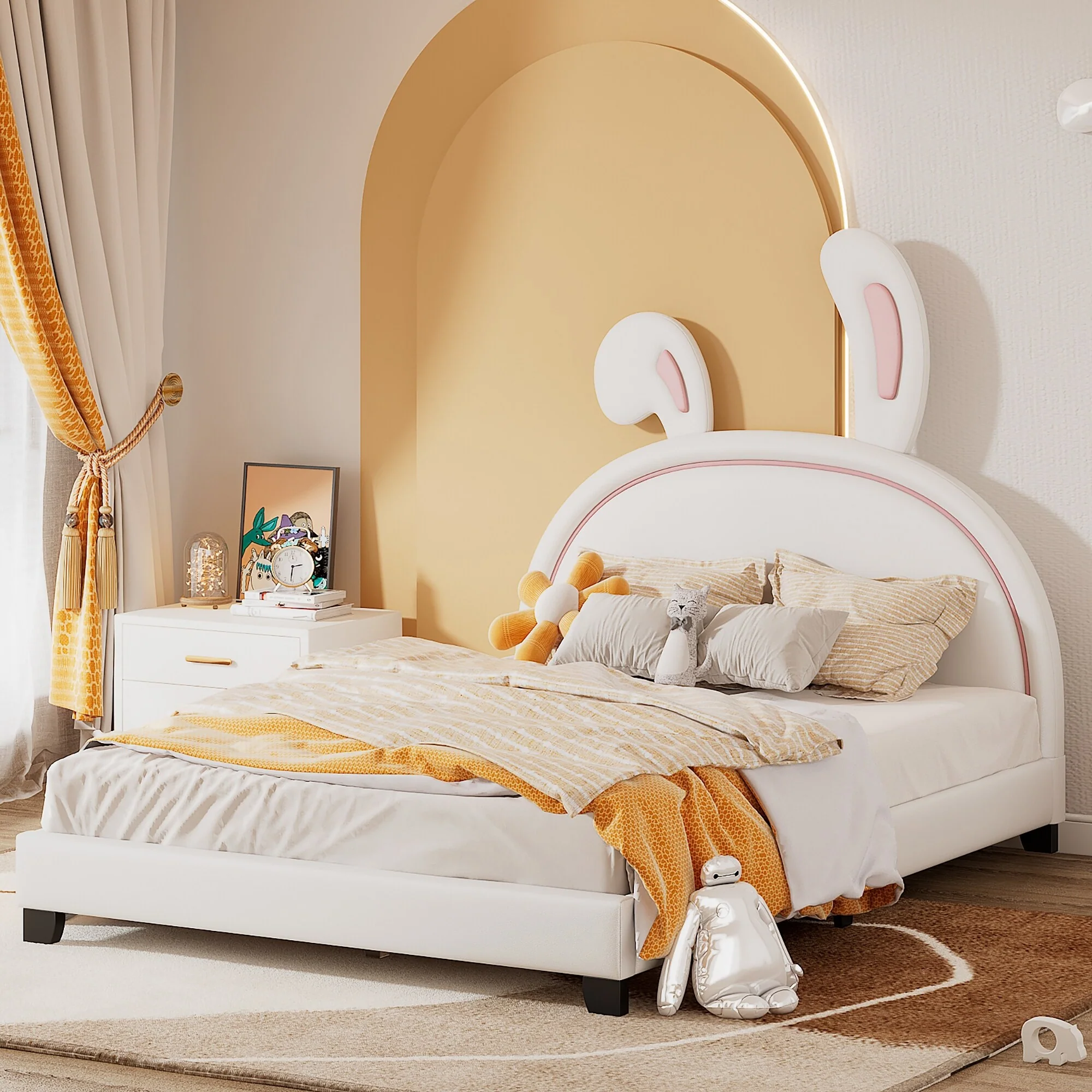 Rabbit Themed Platform Bed Full Size PU Leather Upholstered Bed with Sturdy Pinewood Frame and Slatted Support