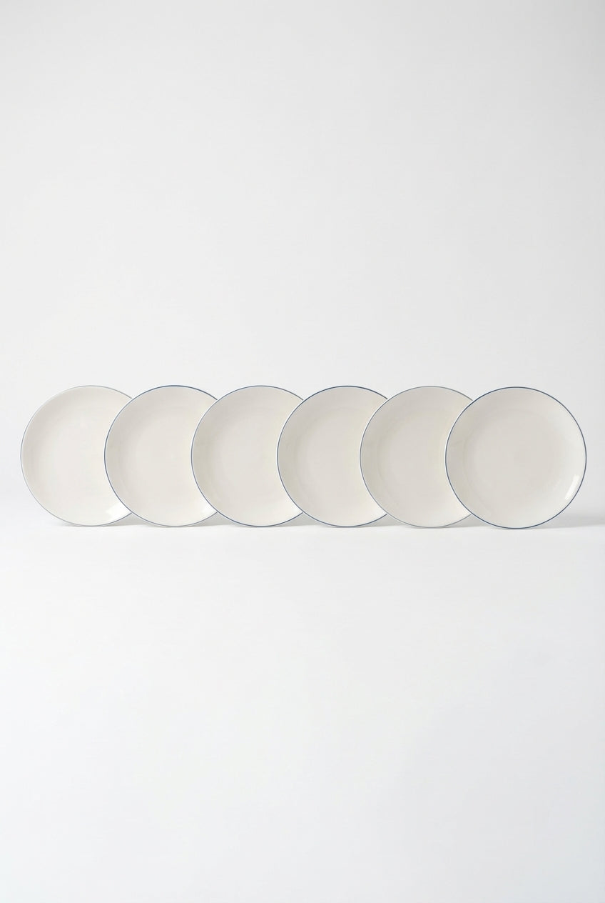 vtwonen - Ontbijtbord - Wit/Blauw Lijn - Porselein - 20cm - Set van 6