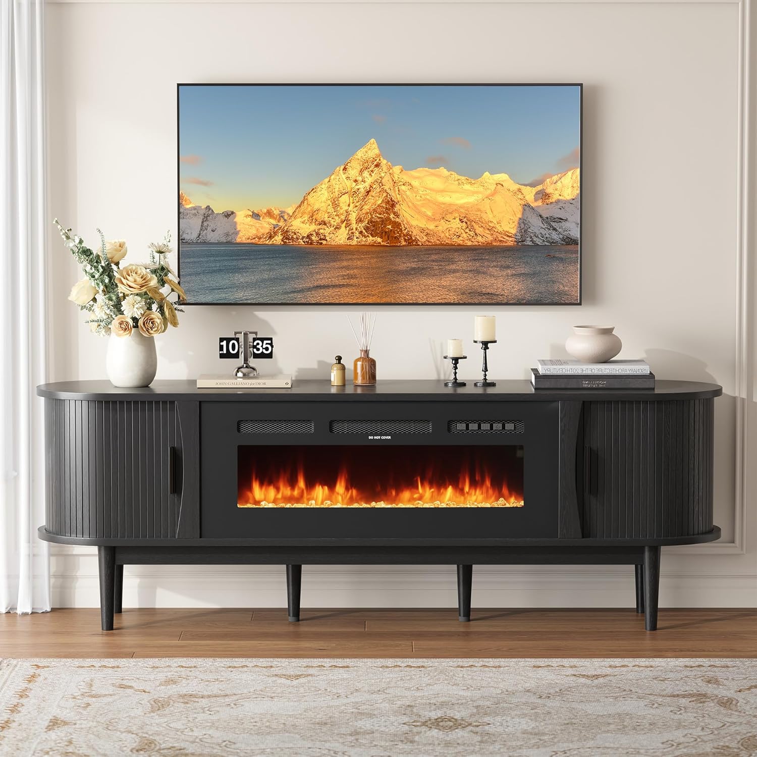70″ Fluted Fireplace TV Stand for 80″ TVs, Remote & Touch Control, Adjustable Flame Colors & Temperature Entertainment Center with Storage, Modern Media TV Console Table for Living Room (Black)