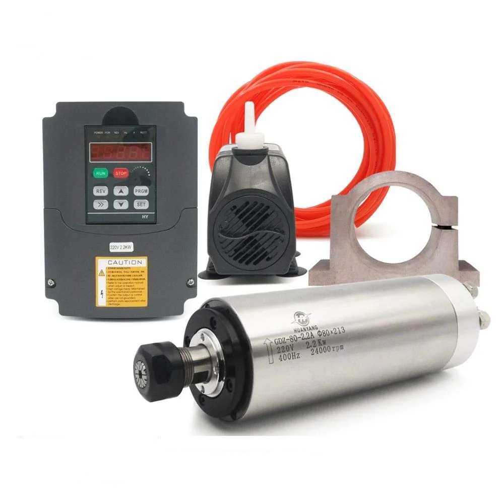 220V 2.2KW CNC VFD+220V 2.2KW 4bearings 400hz 24000rpm ��80mm Water Cooled Spindle Motor+220V 75W Water Pump+80mm Motor Clamp Mount+5m Water Pipe (Factory Direct Sales)