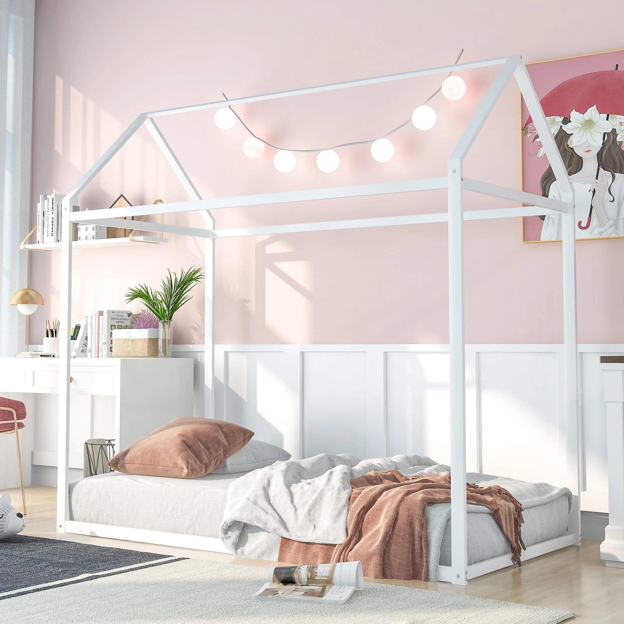 Twin Size Metal House Bed for Kids, Floor Bed Frame with Slats
