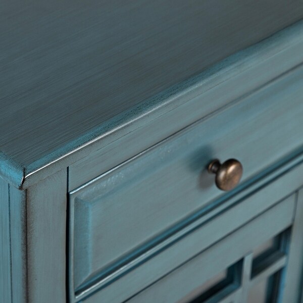 32 Inch Wooden Accent Cabinet with Fretwork Glass Front, Blue