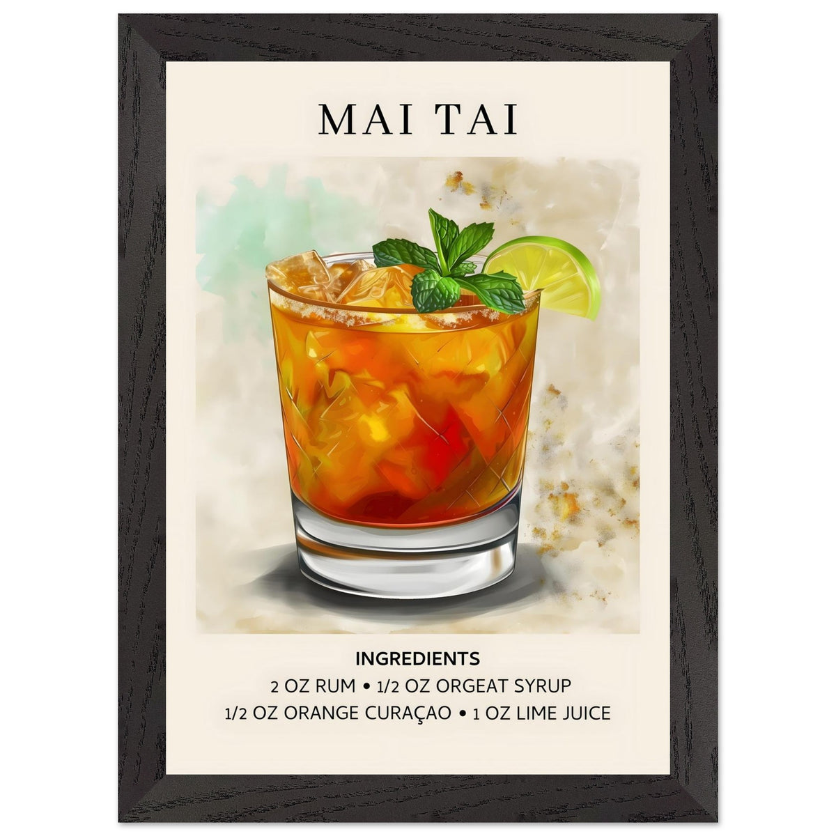 Artfulprints Poster met Lijst Mai Tai Cocktail - Ingrediënten  - A4 21x29.7 cm - Meerkleurig
