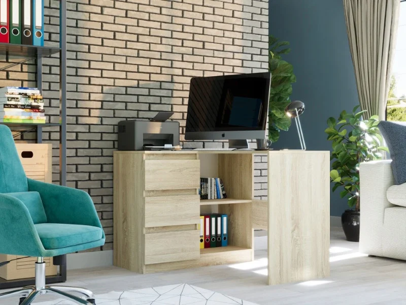 Biurko narożne 112cm 3 szuflady półka FRAMIRE N-4L sonoma