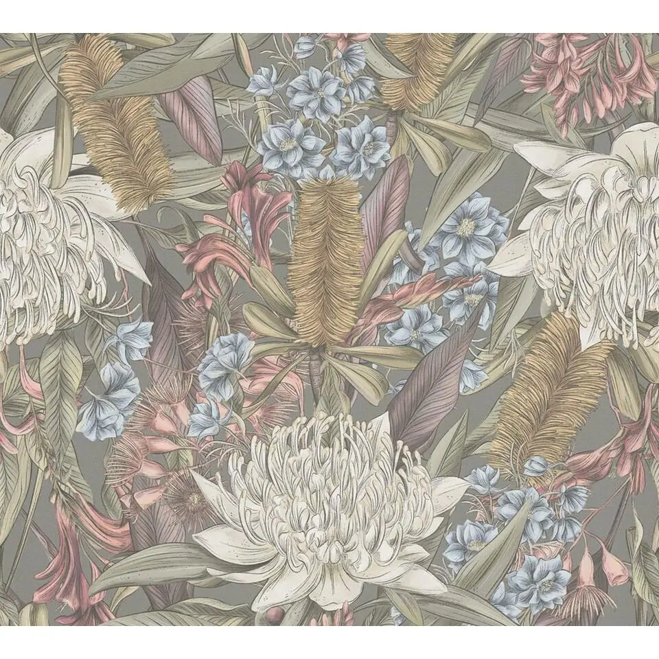 Livingwalls behang bloemen grijs, roze, groen, blauw en wit - 53 cm x 10.05 m
