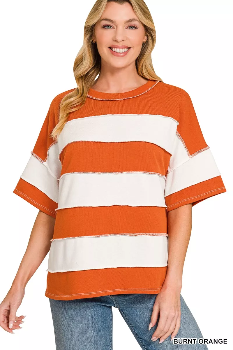 French Terry Striped Exposed Seam Top