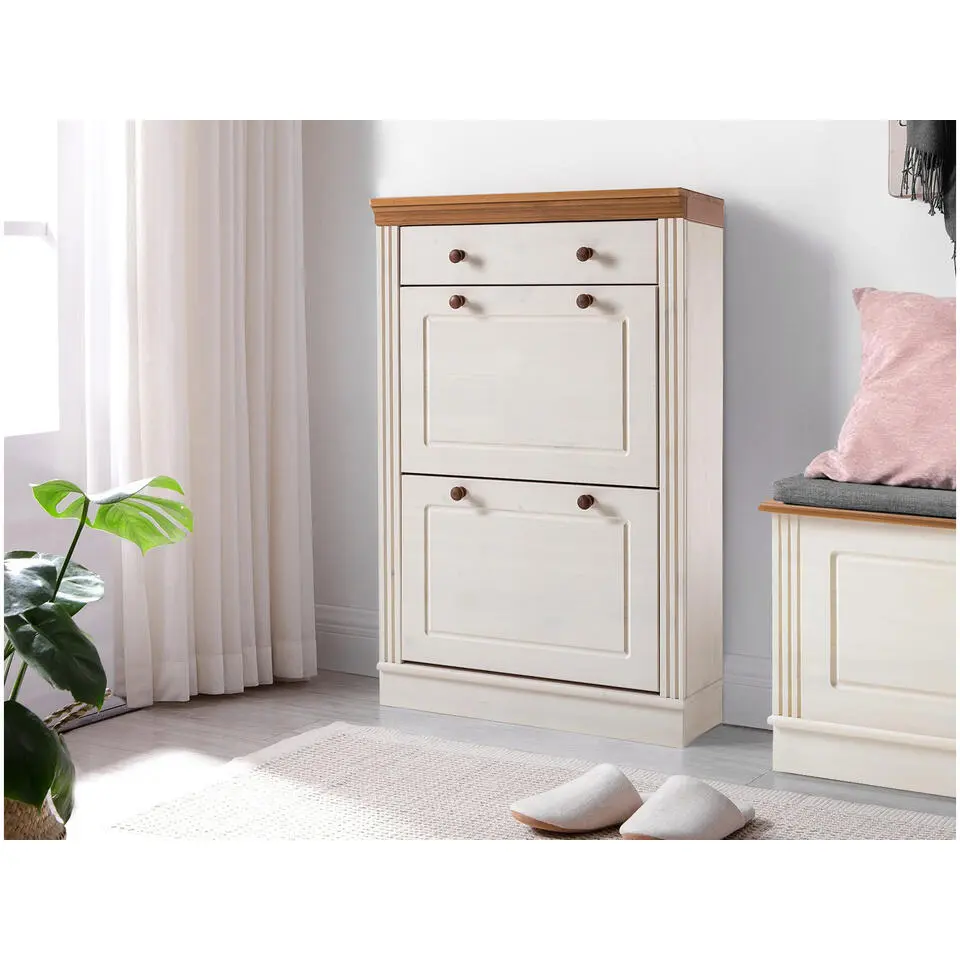 Anita - Schoenenkast met 2 kleppen en 1 lade in wit/natuurlijk grenen