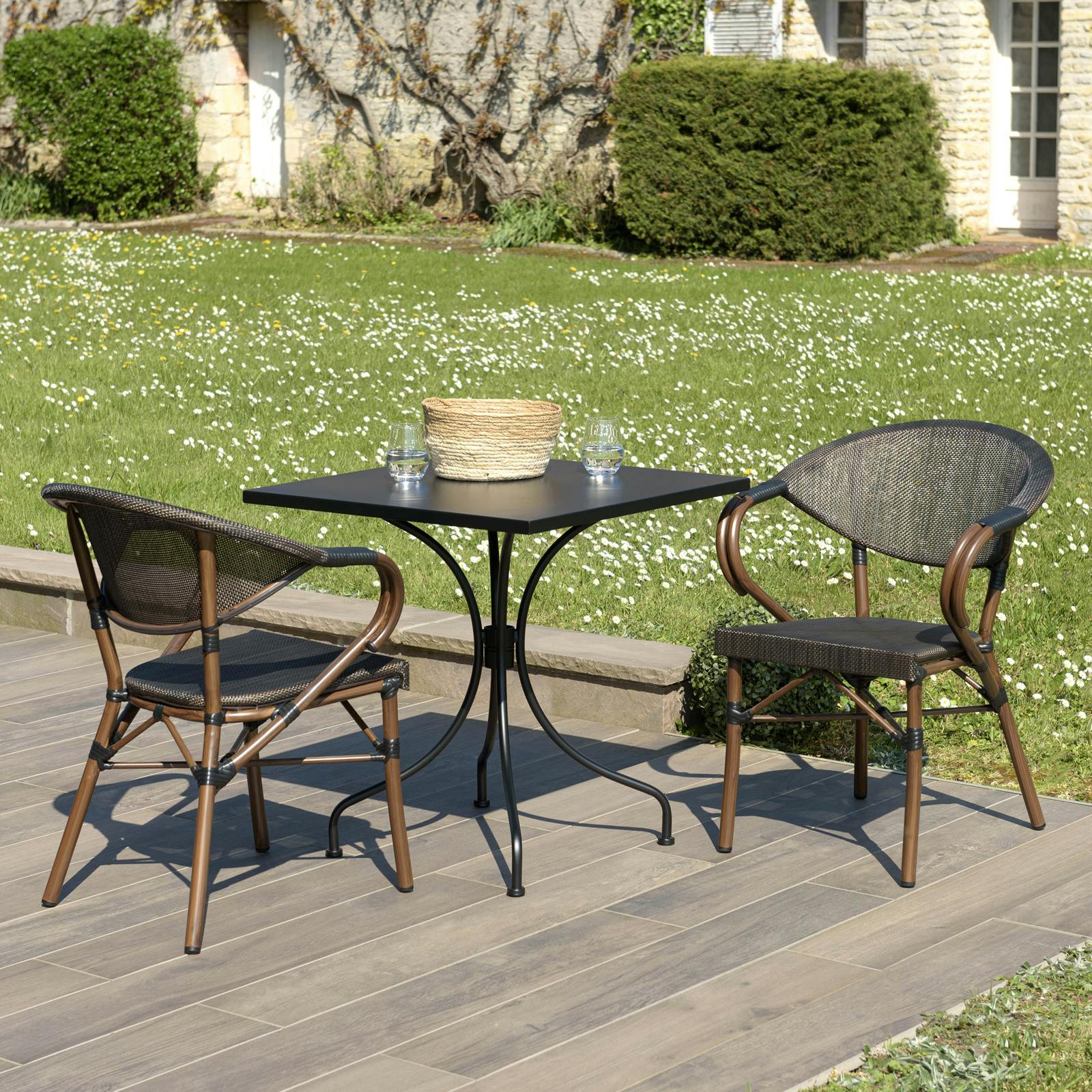 Salon de jardin table carrée noire 70x70 cm   2 fauteuils bistrot tissu marron GIJON