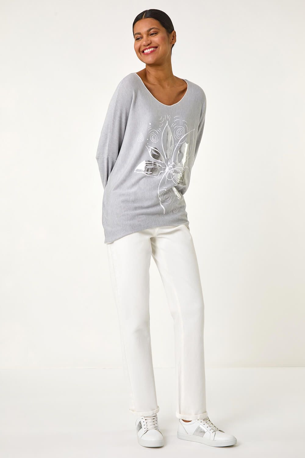 Roman Foil Flower Print Tunic Top