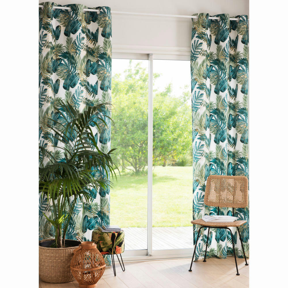 - Rideau à œillets blanc imprimé jungle à l'unité 110x250