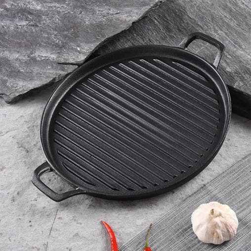 SOGA 28cm Ribbed Cast Iron Frying Pan Skillet Coating Steak Sizzle Platter