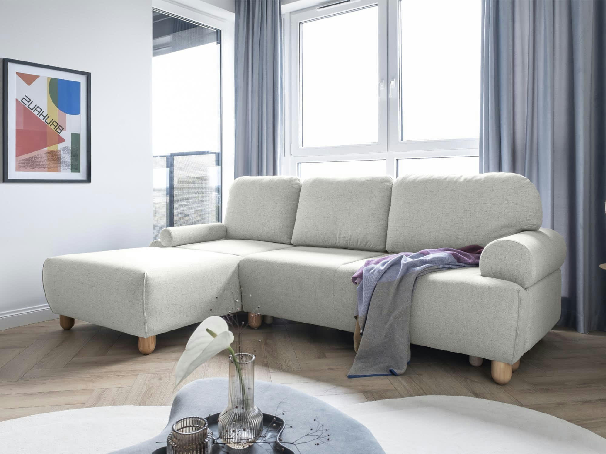 OLLI - Canapé d'angle gauche convertible 4 places en tissu beige