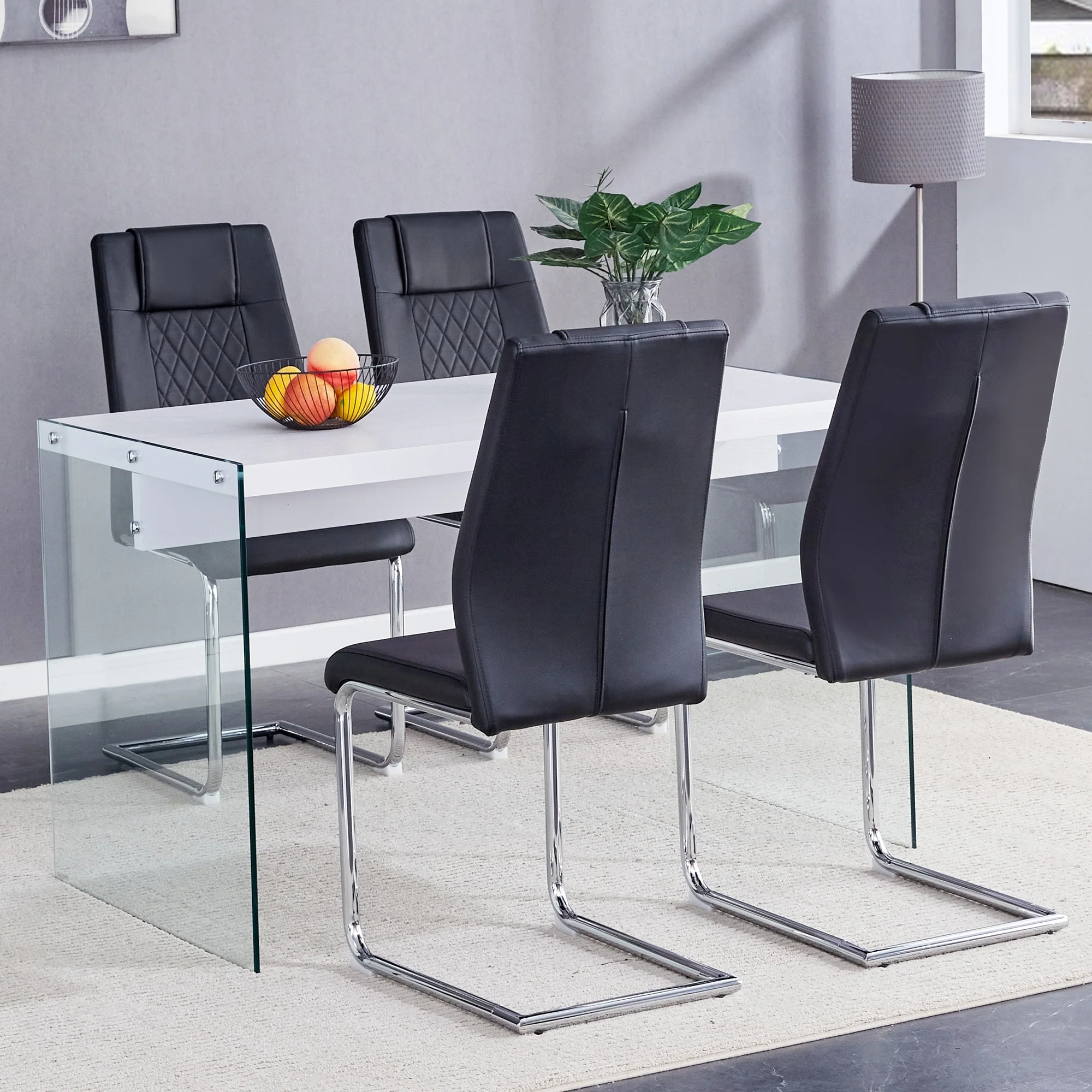 Modern Style 5-Piece Dining Rectangular Table Set with Tempered Glass Legs and 4 PU High Back Dining Chairs