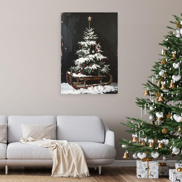 Obraz do salonu kuchni biura, Choinka boże narodzenie sanki śnieg 20x30