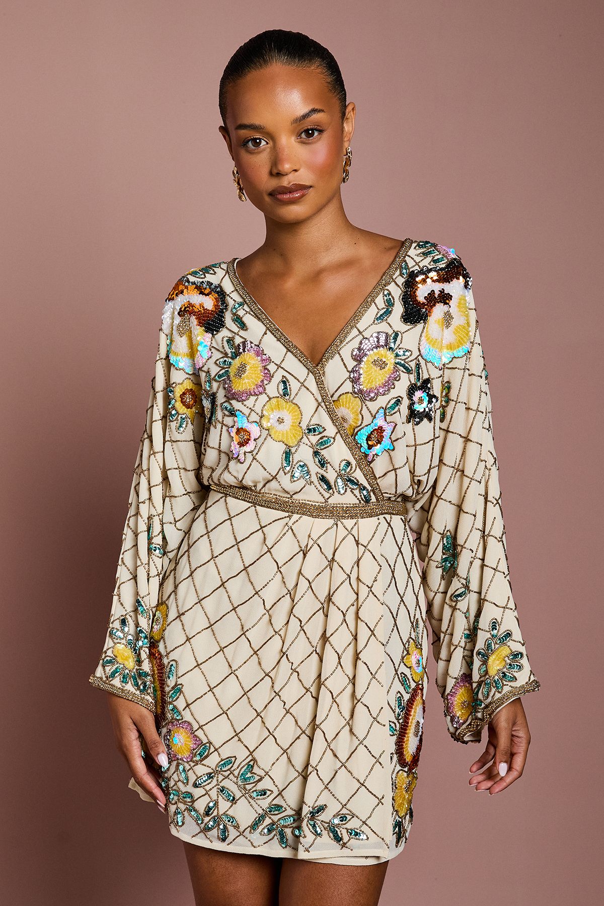 Coast Petite Wrap Top Floral Embellished Mini Dress