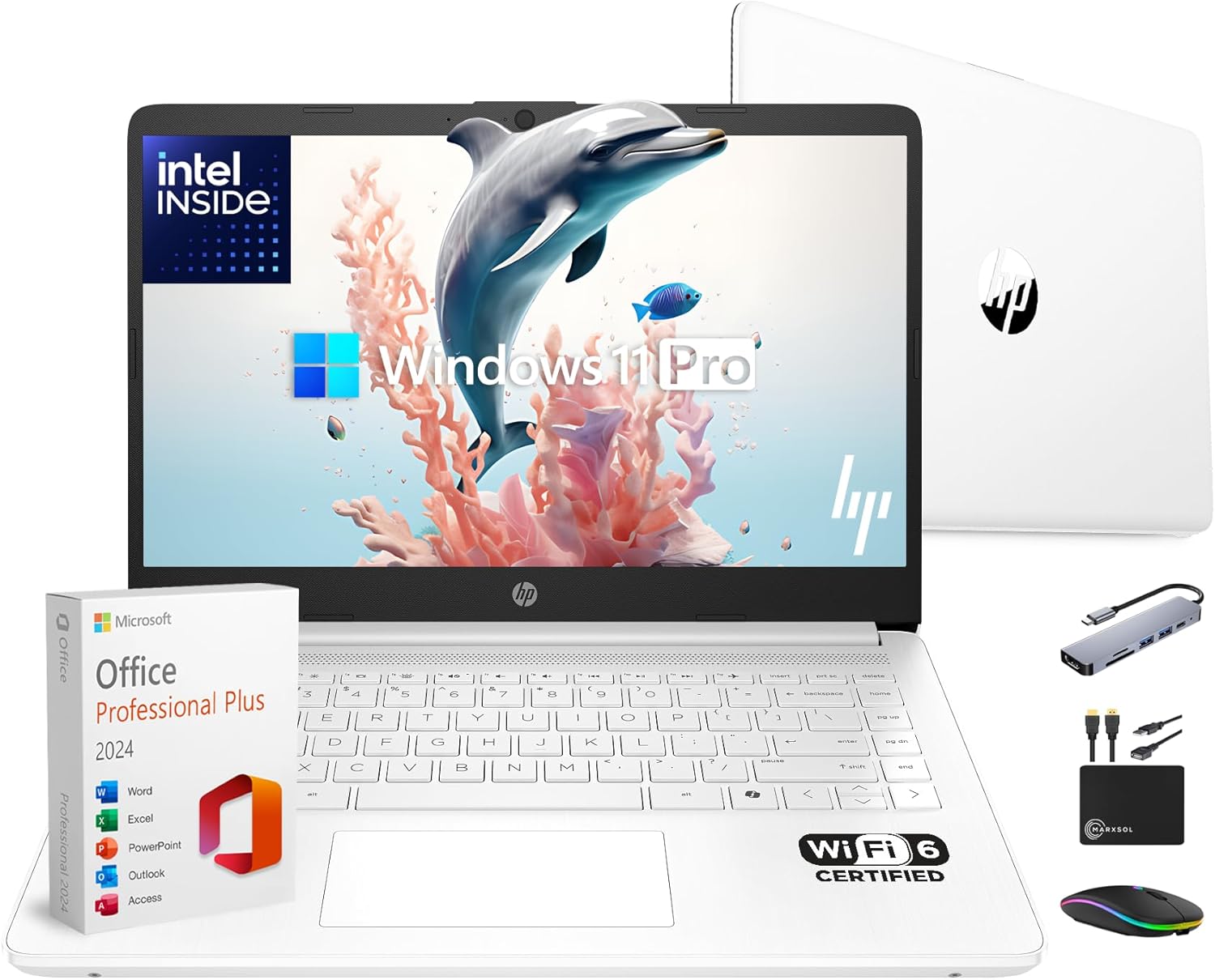 HP 14 Laptop Thin and Light for 2026 Student Business with Office Suite, Copilot AI, Intel CPU Up to 2.8GHz, 16GB RAM, 628GB Storage (128GB SSD+500GB Ext), WiFi 6, Win 11 Pro, MarxsolAccessory, White