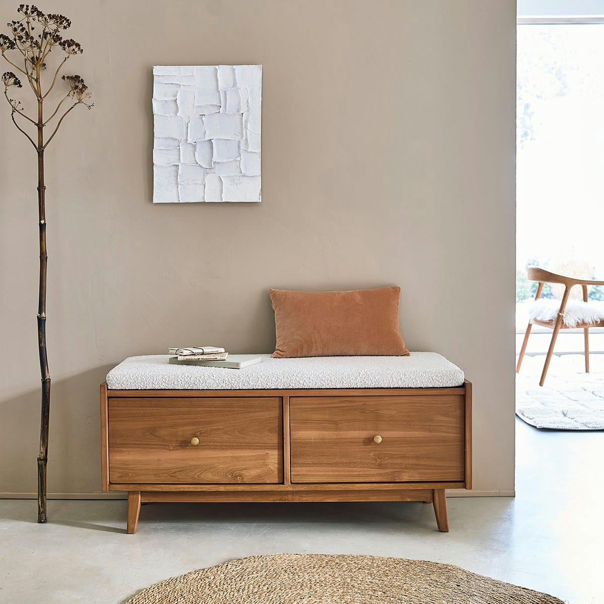 SERENE - Banc d'entrée en teck massif et tissu bouclette 120 cm