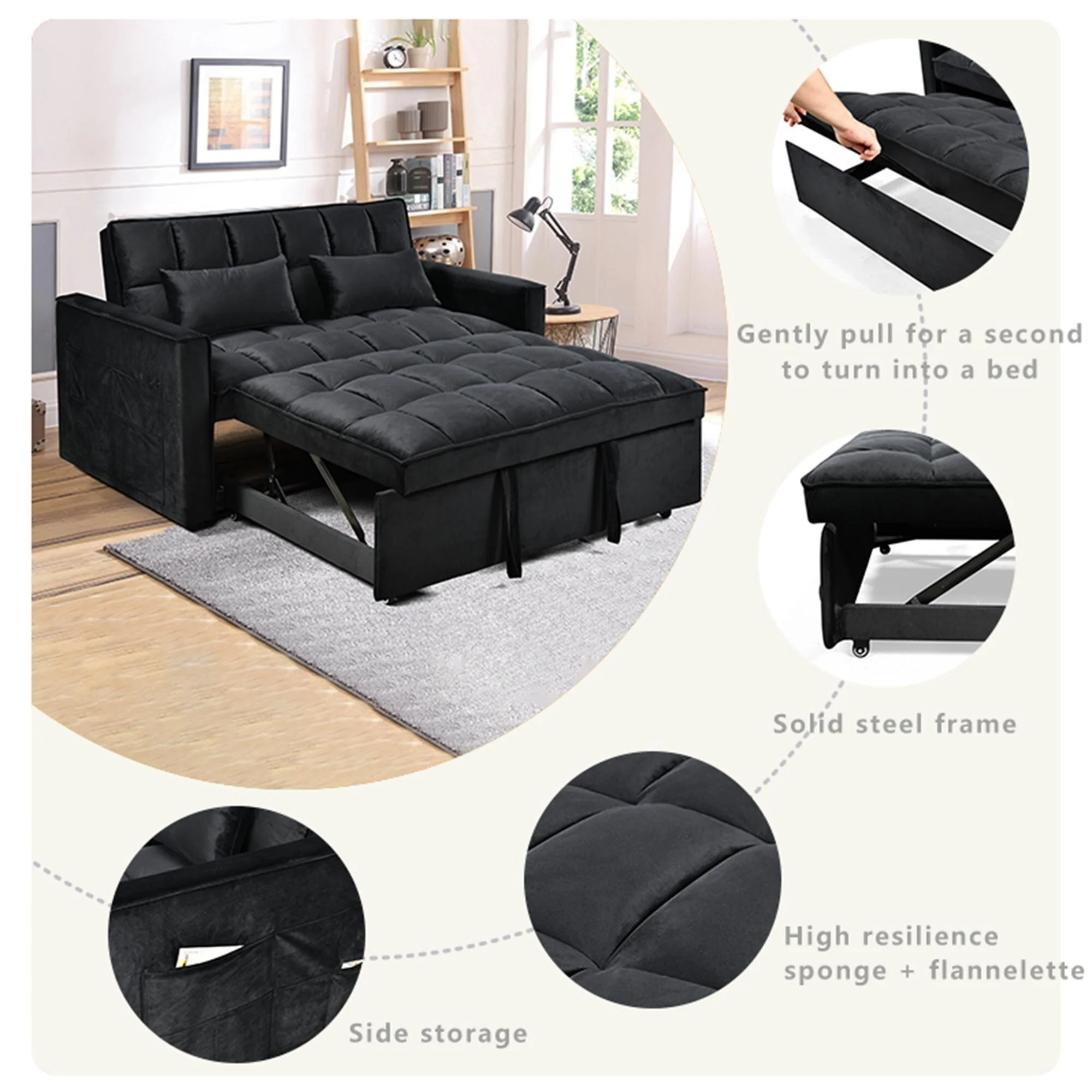 Modern Velvet Loveseat Futon Sofa Couch Pullout Bed, Small Love Seat Lounge Sofa W/Reclining Backrest, Toss Pillows
