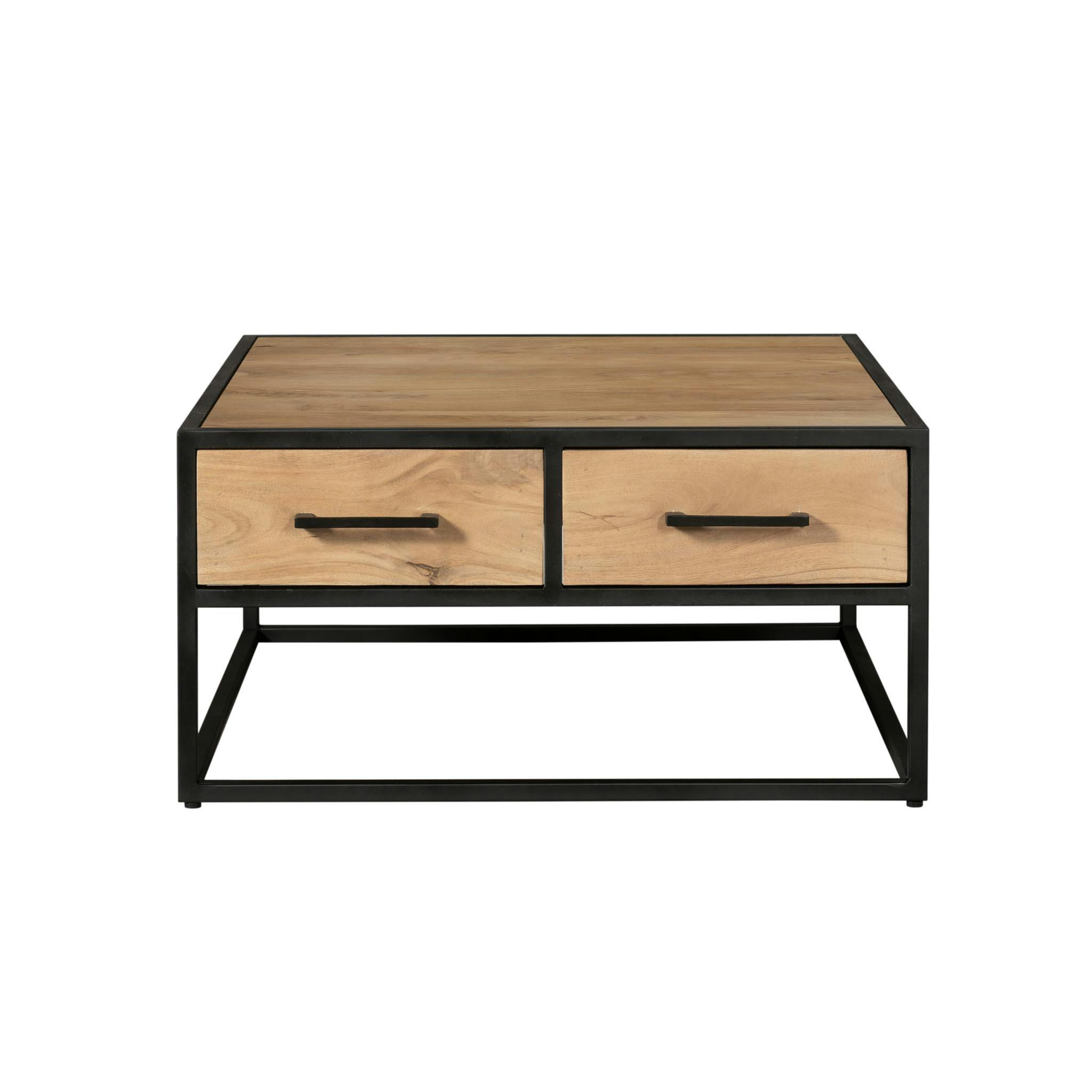 Table basse carrée bois clair métal noir 4 tiroirs RIVANO