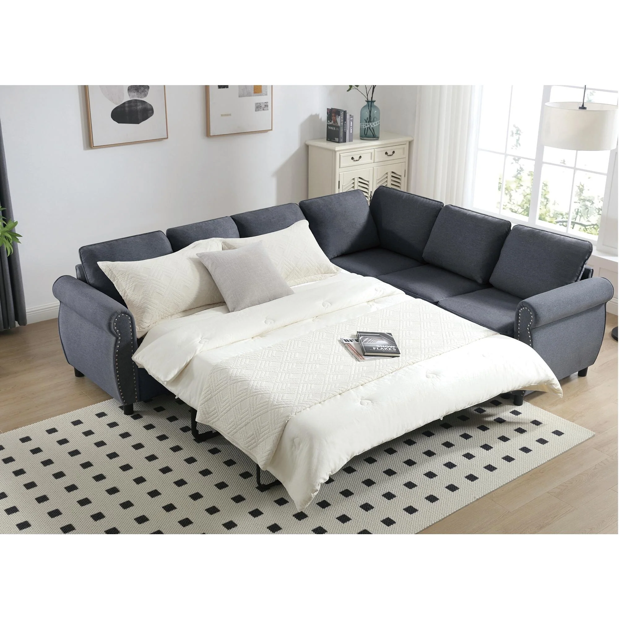 Modern L Shaped Sleeper Sectional Sofa with Pull Out Bed and Medium Firm Cushions for Living Room or Guest Room