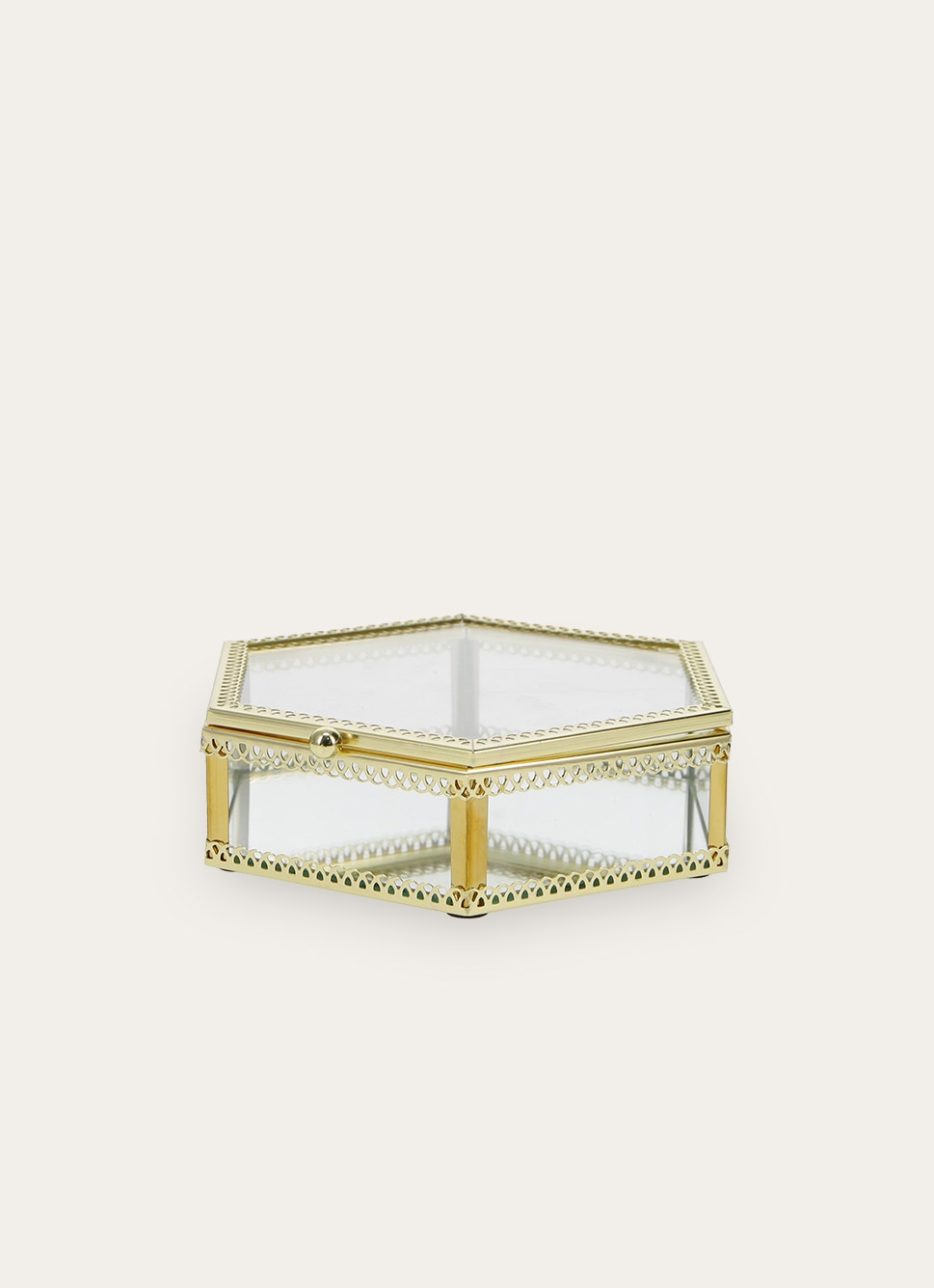 BOÎTE HEXAGONALE EN VERRE AVEC STRUCTURE DORÉE TRANSPARENT/DORE