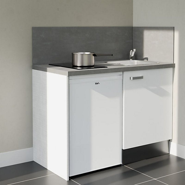 Kitchenette K08 - 120 cm - Façades : Blanc - Plan de travail : Gris béton - Crédences : Oui - Evier Inox