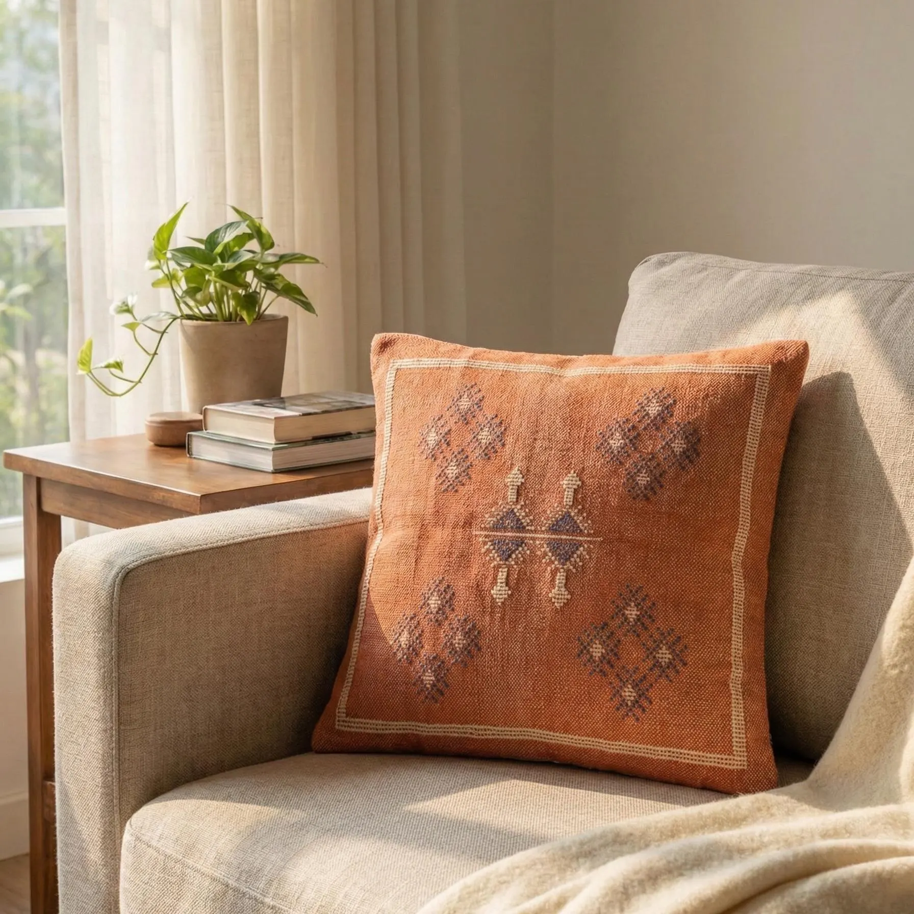 Sabra Handmade Cotton Cushion Cover 18x18 Inch | Boho Pillow Cover | Moroccan Tribal Geometric Throw Pillow | Rustic Handmade Home Decor