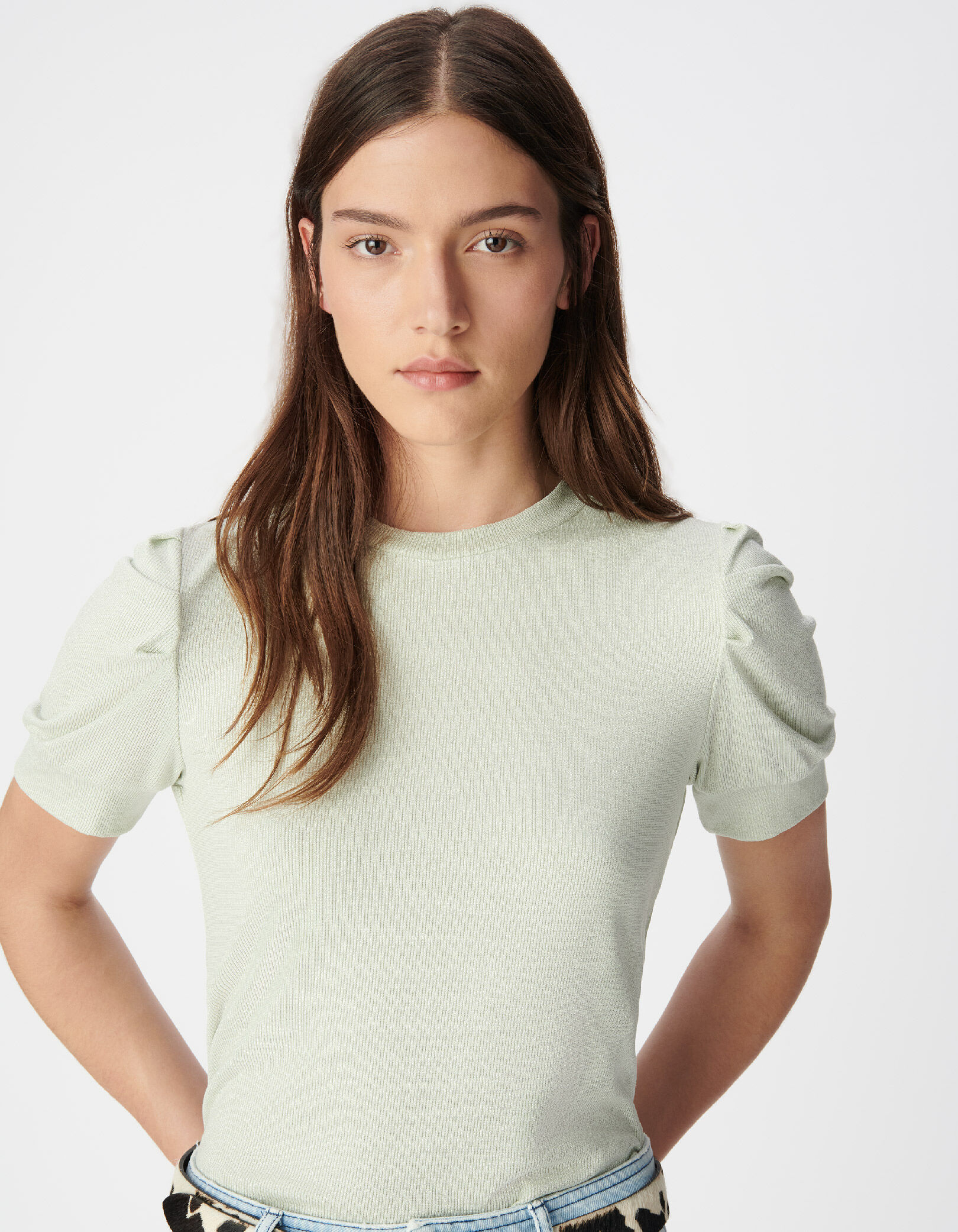 Tee-shirt col rond vert pailleté manches froncées Femme