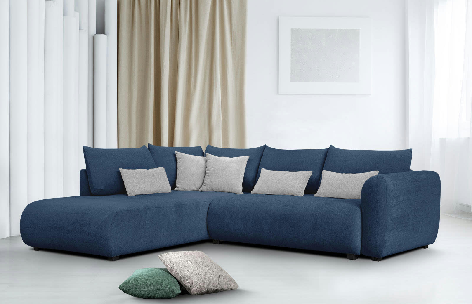 SORENO - Canapé d'angle gauche 5 places bleu avec le couchage