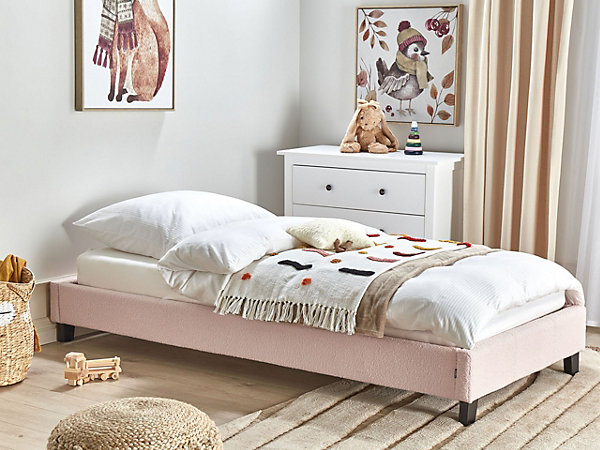 Lit sans tête de lit Bouclé ROANNE 90 x 200 cm Rose pastel