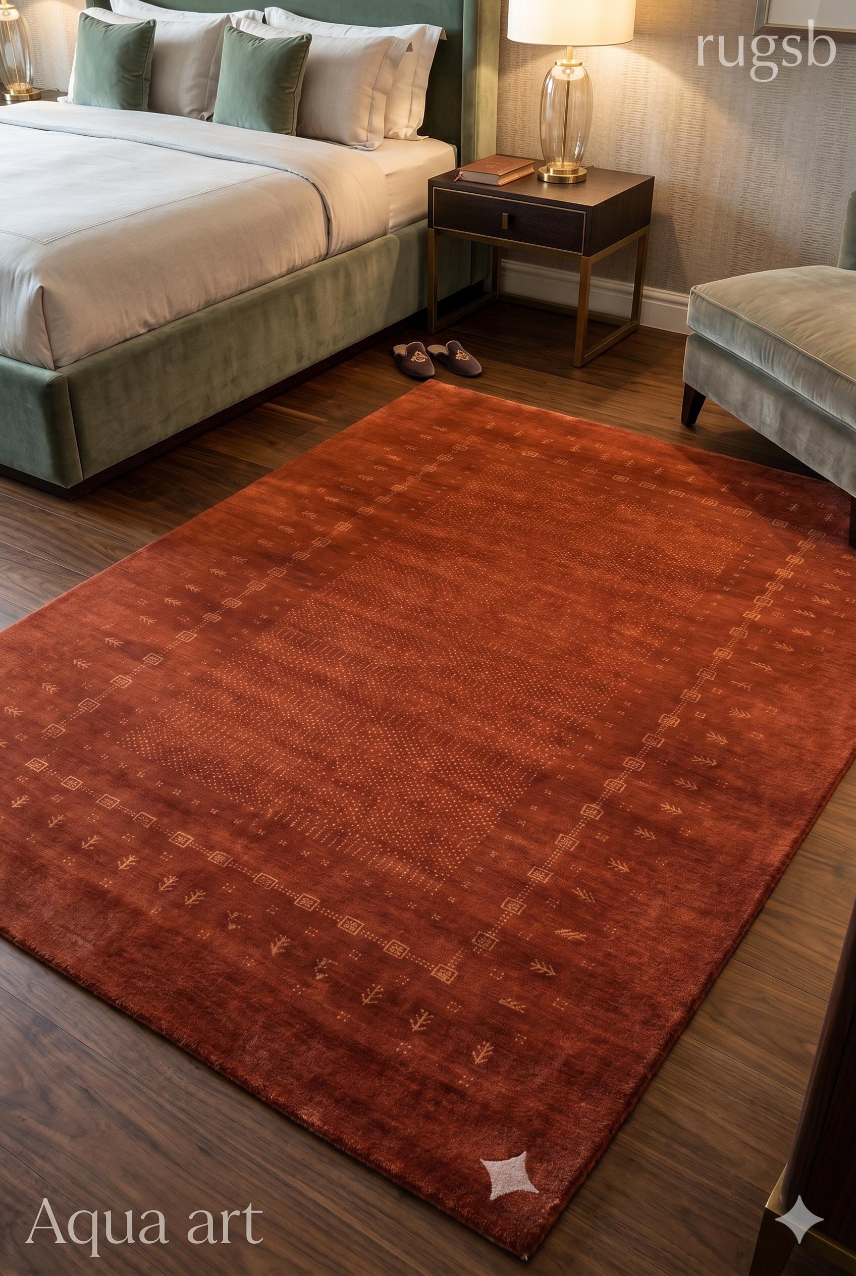 Authentic Handloom Gabbeh Loribaft Wool Rug Deep Rust Terracotta Area Carpet Modern Geometric Borders Cozy Plush Tribal Living Room Bedroom