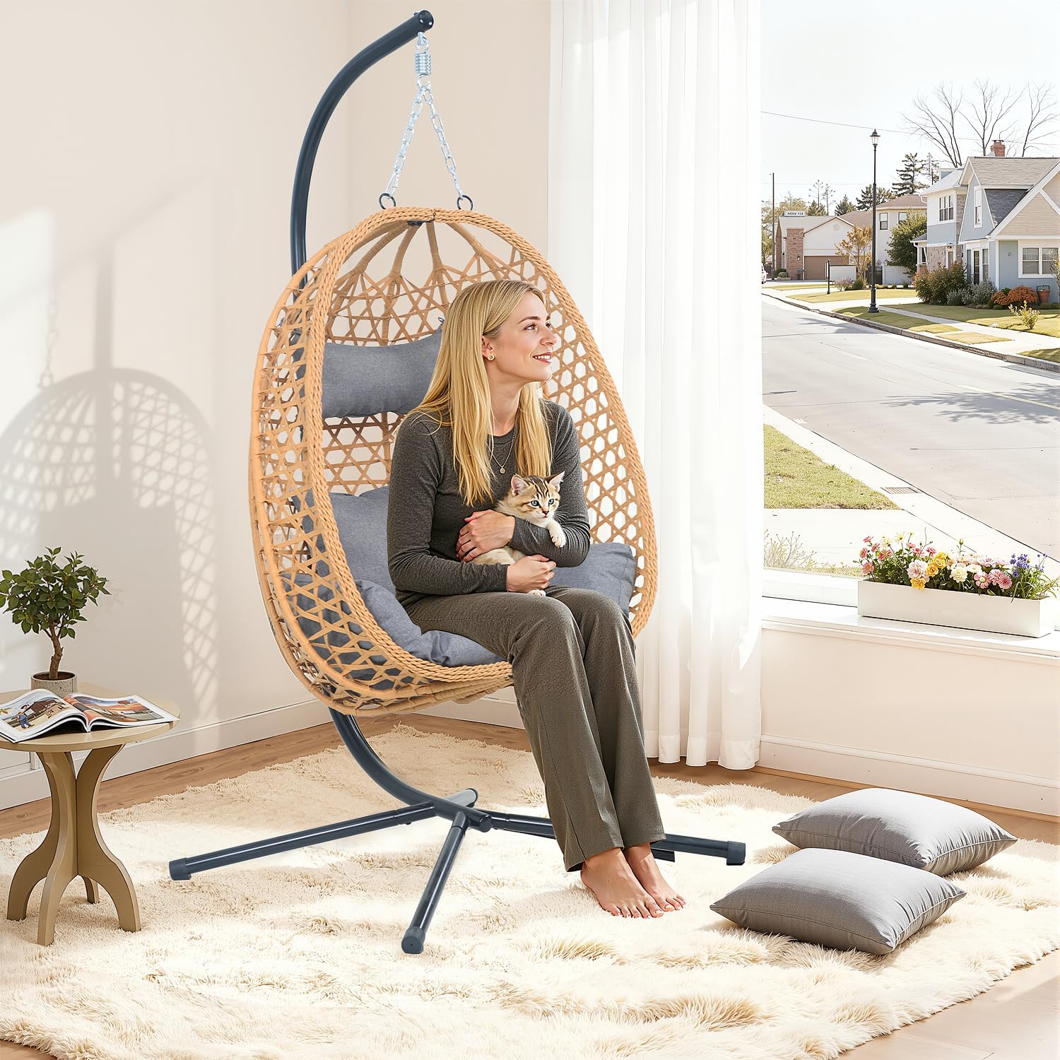 Hanging Egg Chair with Stand & Cushions - All-Weather Rattan Swing Chair for Patio, Balcony, Garden (Modern Boho Design, Ready-to-Use Indoor Outdoor)-Grey