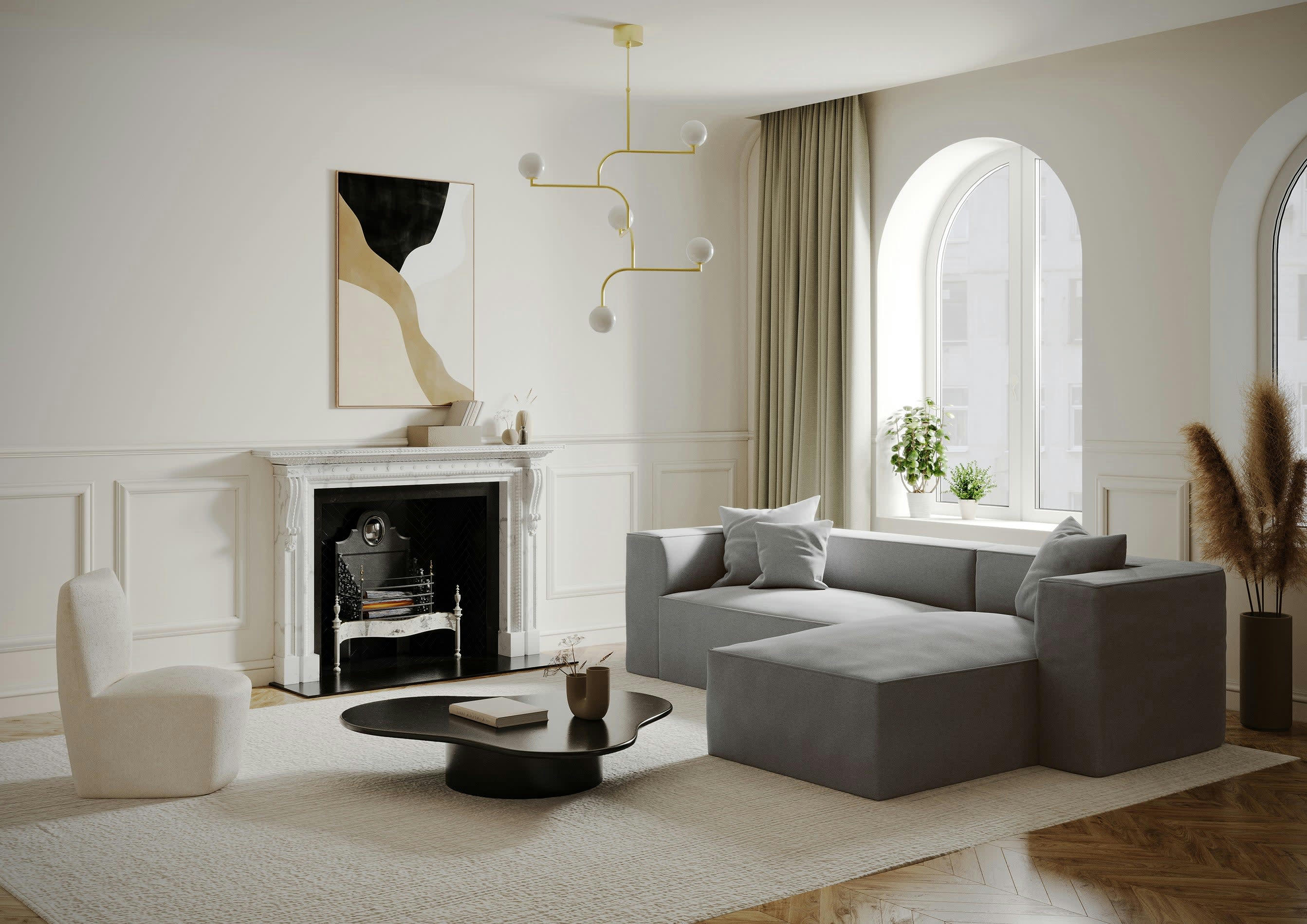 ALMA - Canapé d'angle droit tissu tramé gris béton