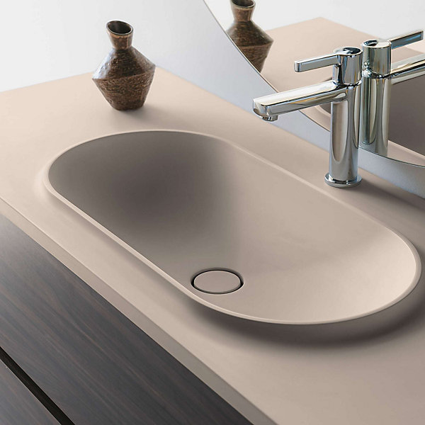 Ensemble meuble de salle bain 80 cm noyer plan vasque blanc perle POALGI 2 tiroirs - série B&uuml;l