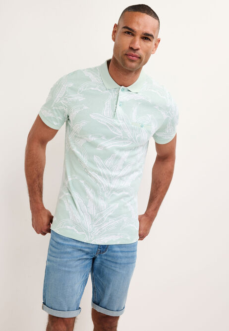 Mens Mint Botanical Print Cotton Polo Shirt