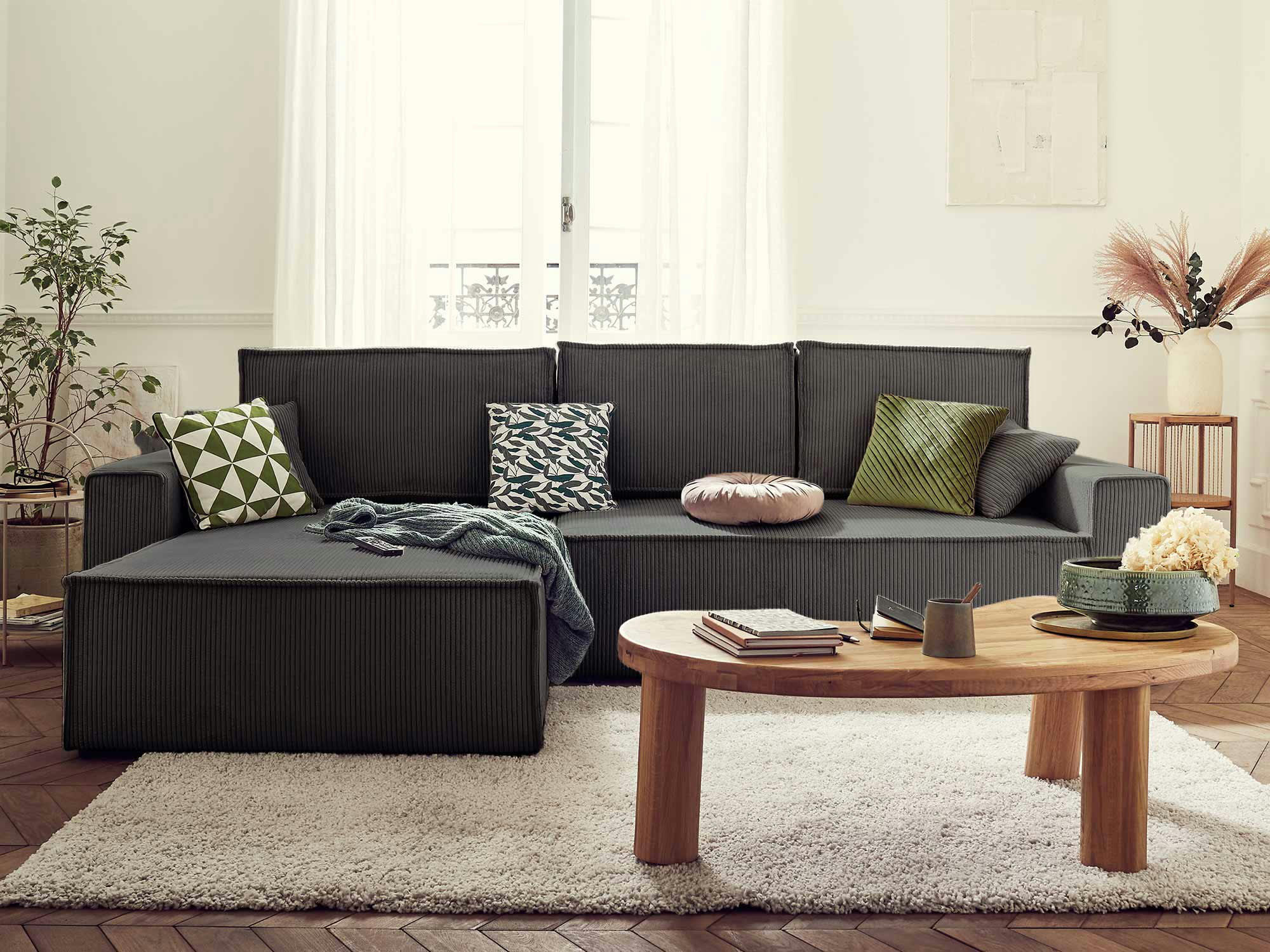 DELLIA - Canapé d'angle réversible convertible 4 places en velours côtelé gris