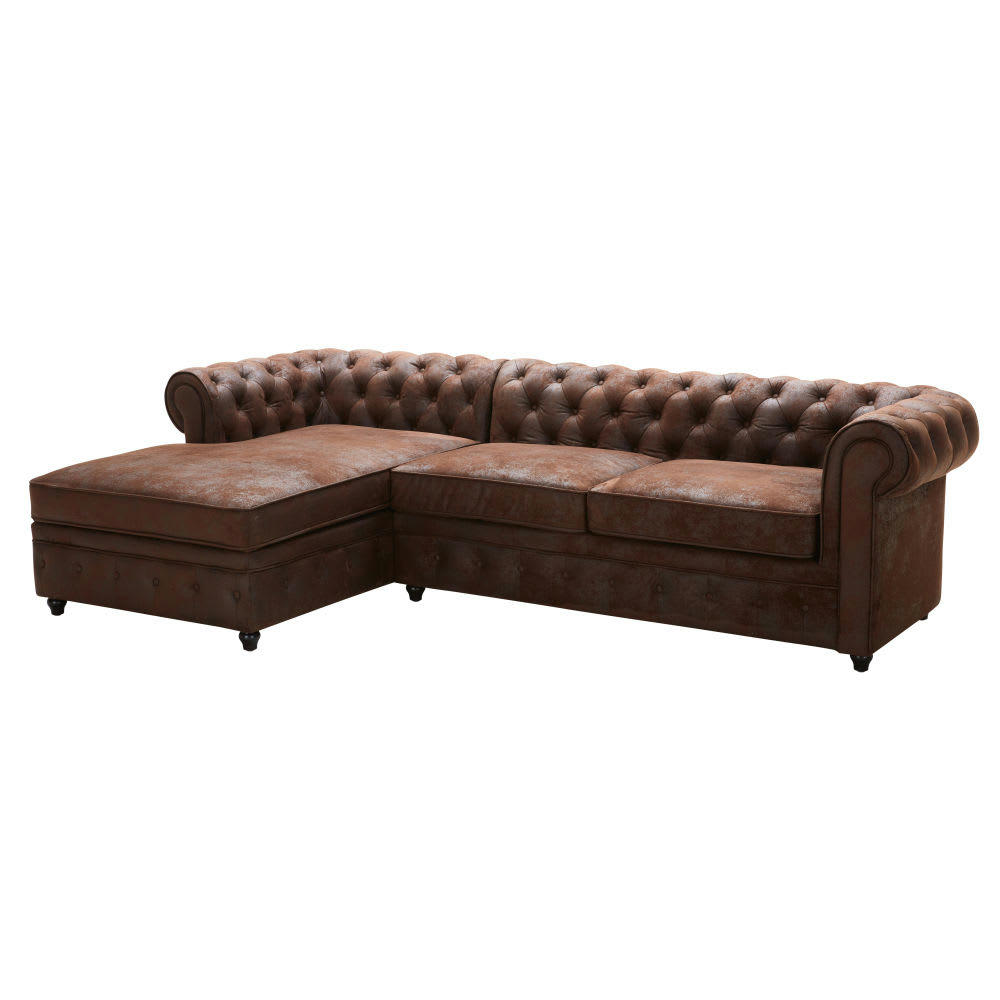 Chesterfield - Canapé d'angle gauche convertible 5 places en suédine marron, matelas 8 cm