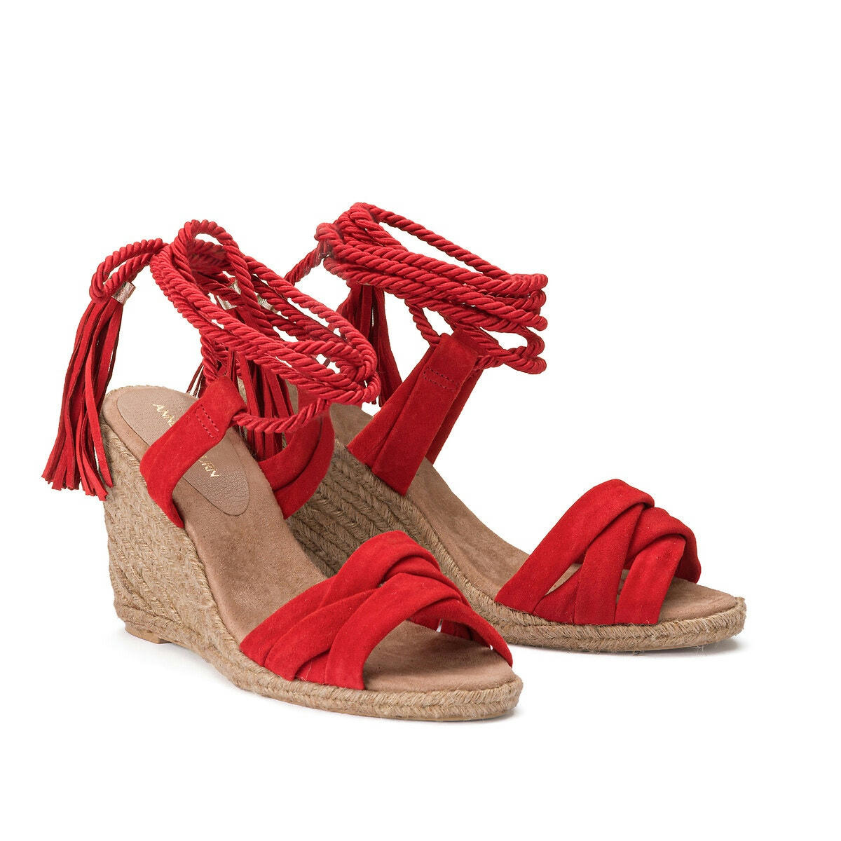Sandales en cuir, talon compensé corde