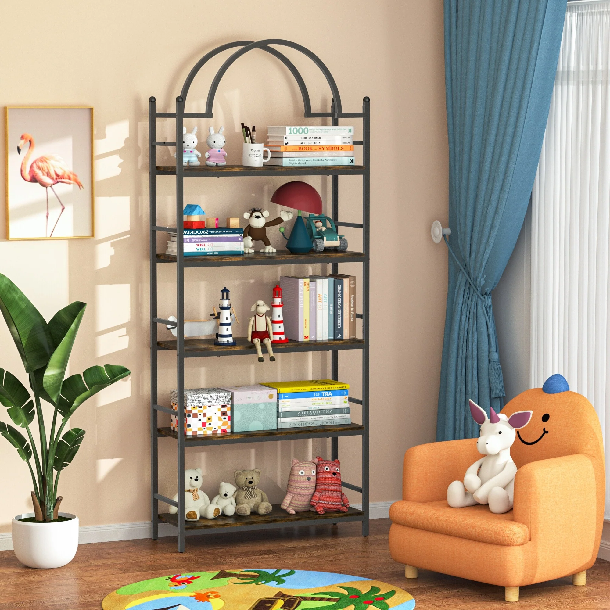 5-tier Bookcase Stand Metal Wood Structure - 30 in. W X 10 in. D X 77 in. H