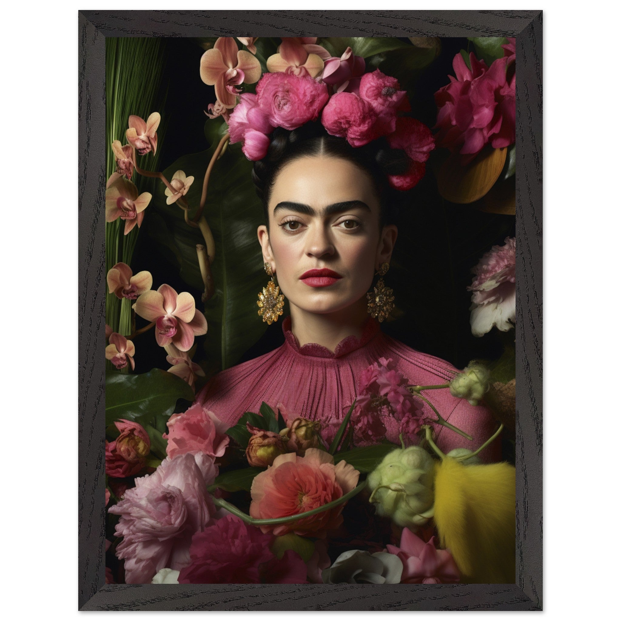 Artfulprints Poster met Lijst Frida Kahlo - Floral portrait  - 30x40 cm - Roze