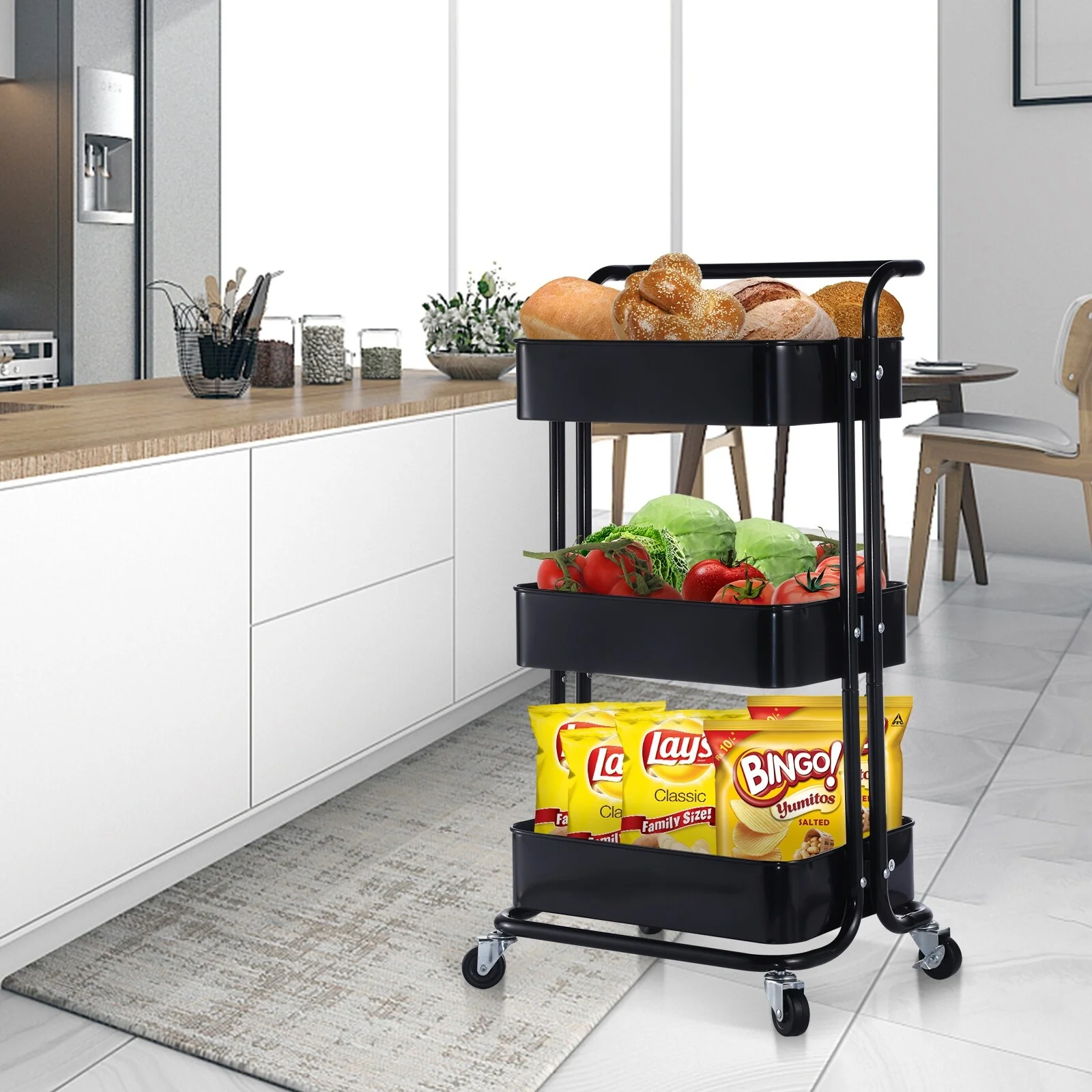 3-Tier Metal Rolling Utility Cart, Heavy Duty Craft Cart with Wheels and Handle